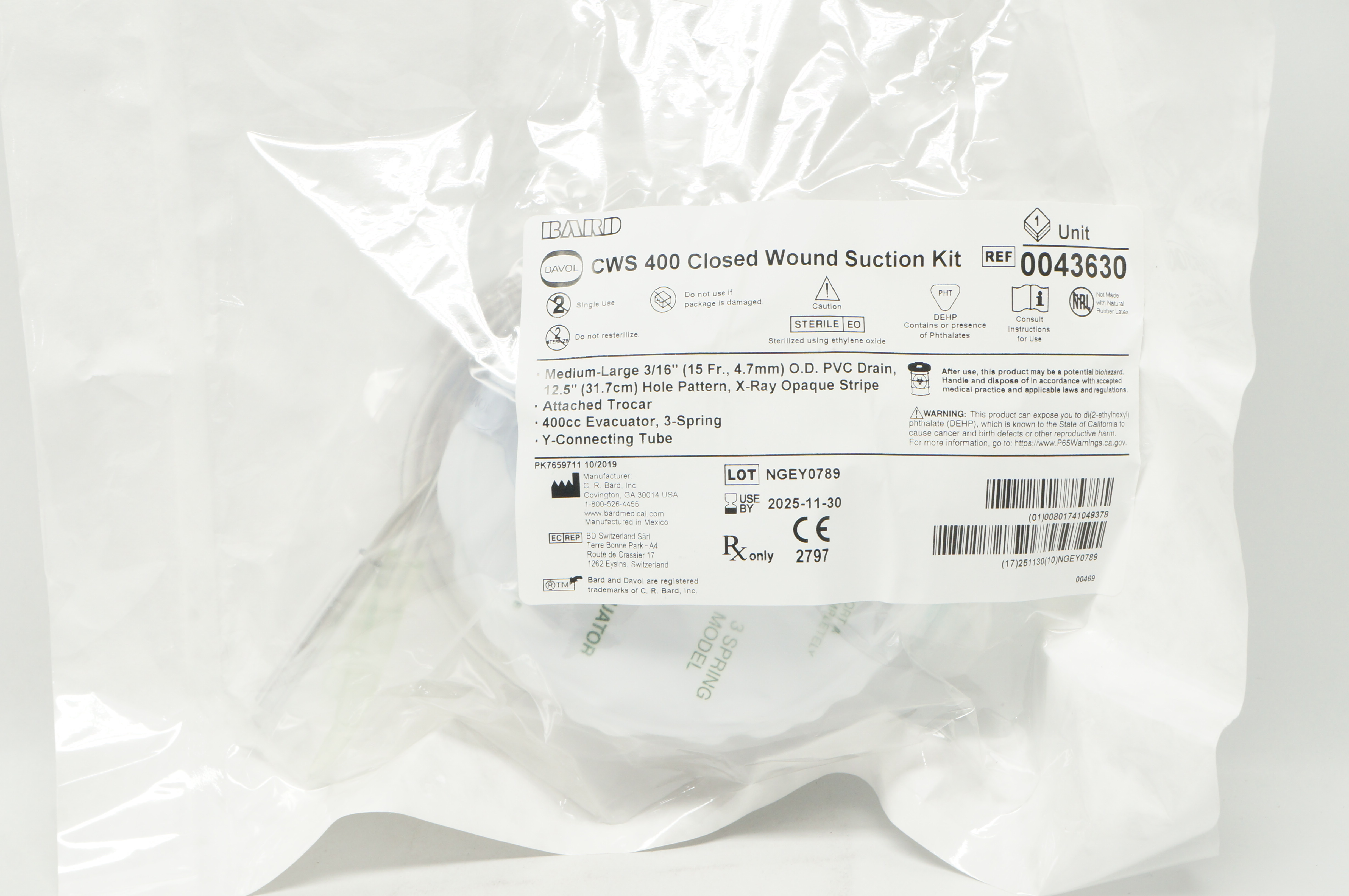 Bard 0043630 Davol CWS 400 Closed Wound Suction Kit bard-0043630-davol-cws-400-closed-wound-suction-kit
