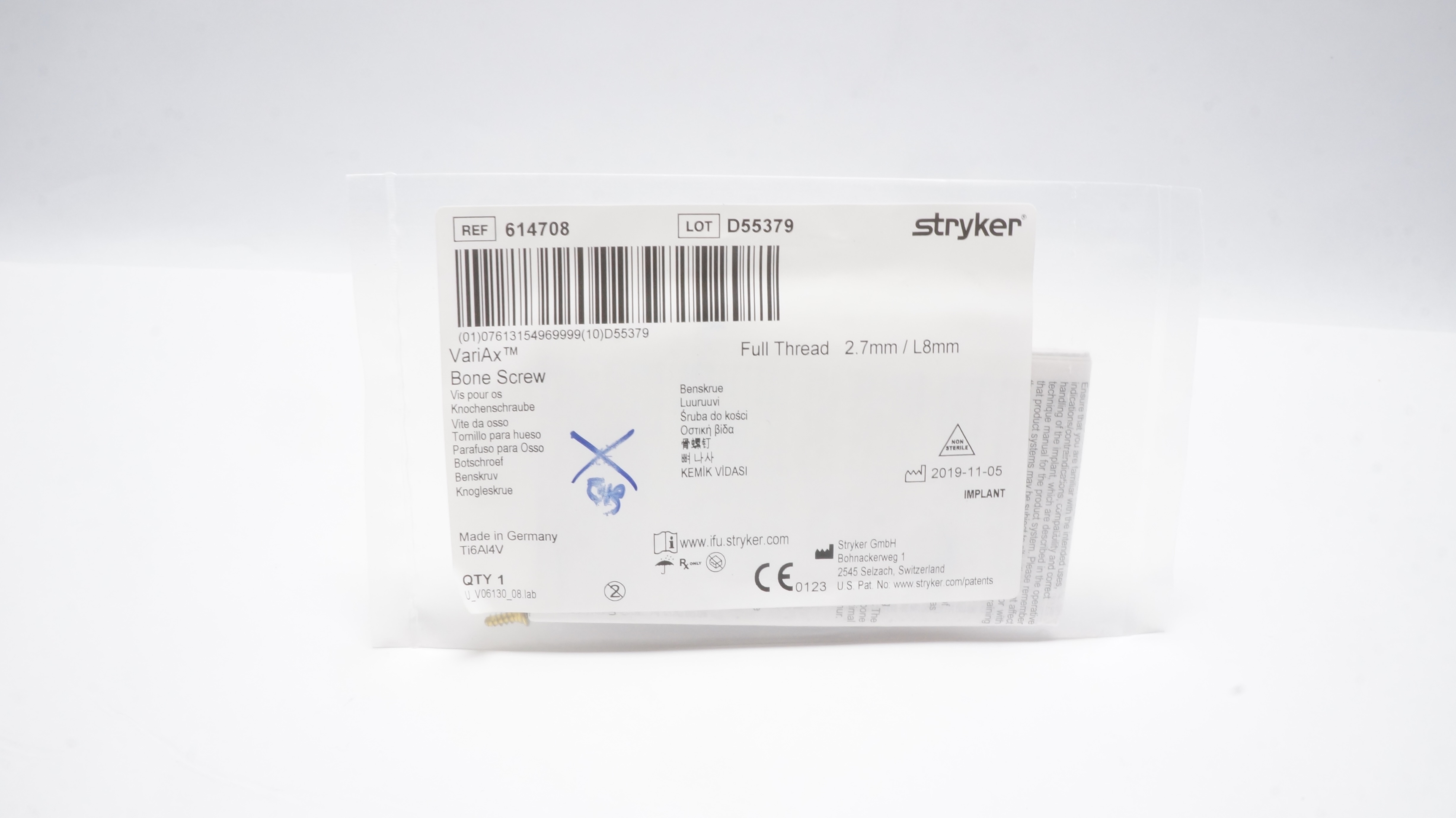 Stryker 614708 VariAx Bone Screw Full Thread 2.7mm/ L8mm