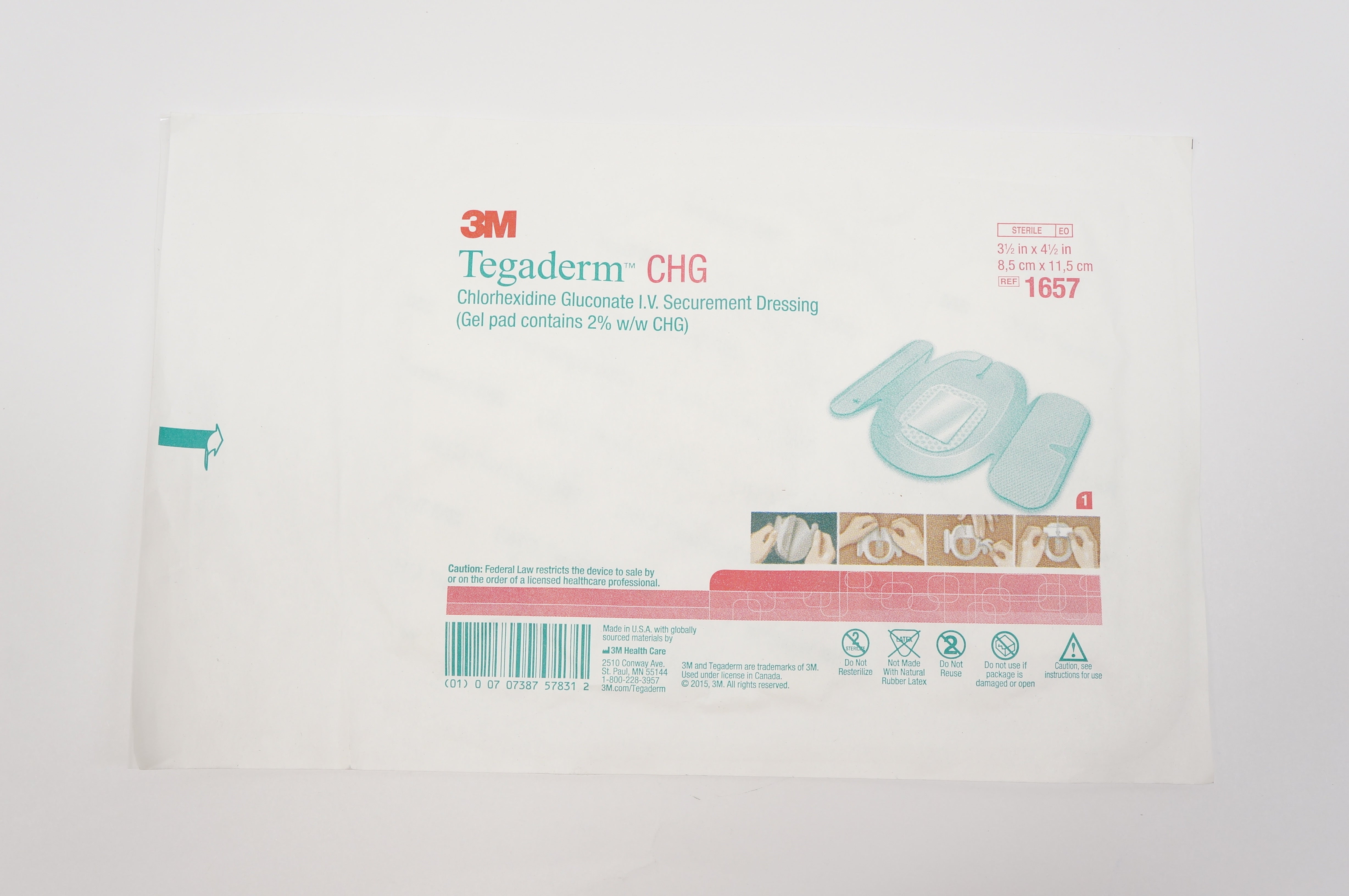 3M 1657 Tegaderm CHG Chlorhexidine Gluconate I.V. Dressing 3 1/2 x 4 1/2inch (x)