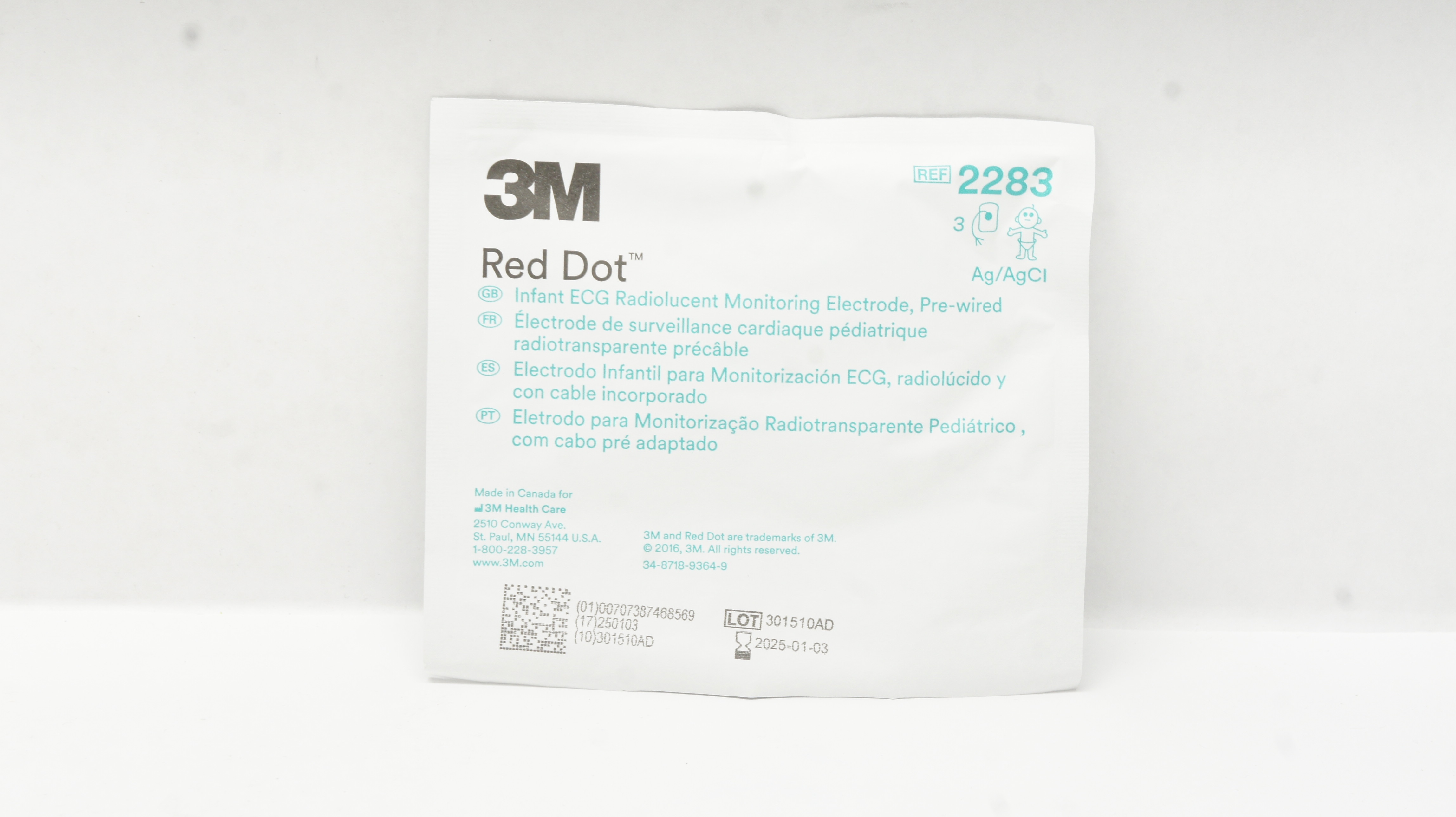 3M 2283 Red Dot Infant ECG Radiolucent Monitoring Electrode Pre-Wired -Pack of 3