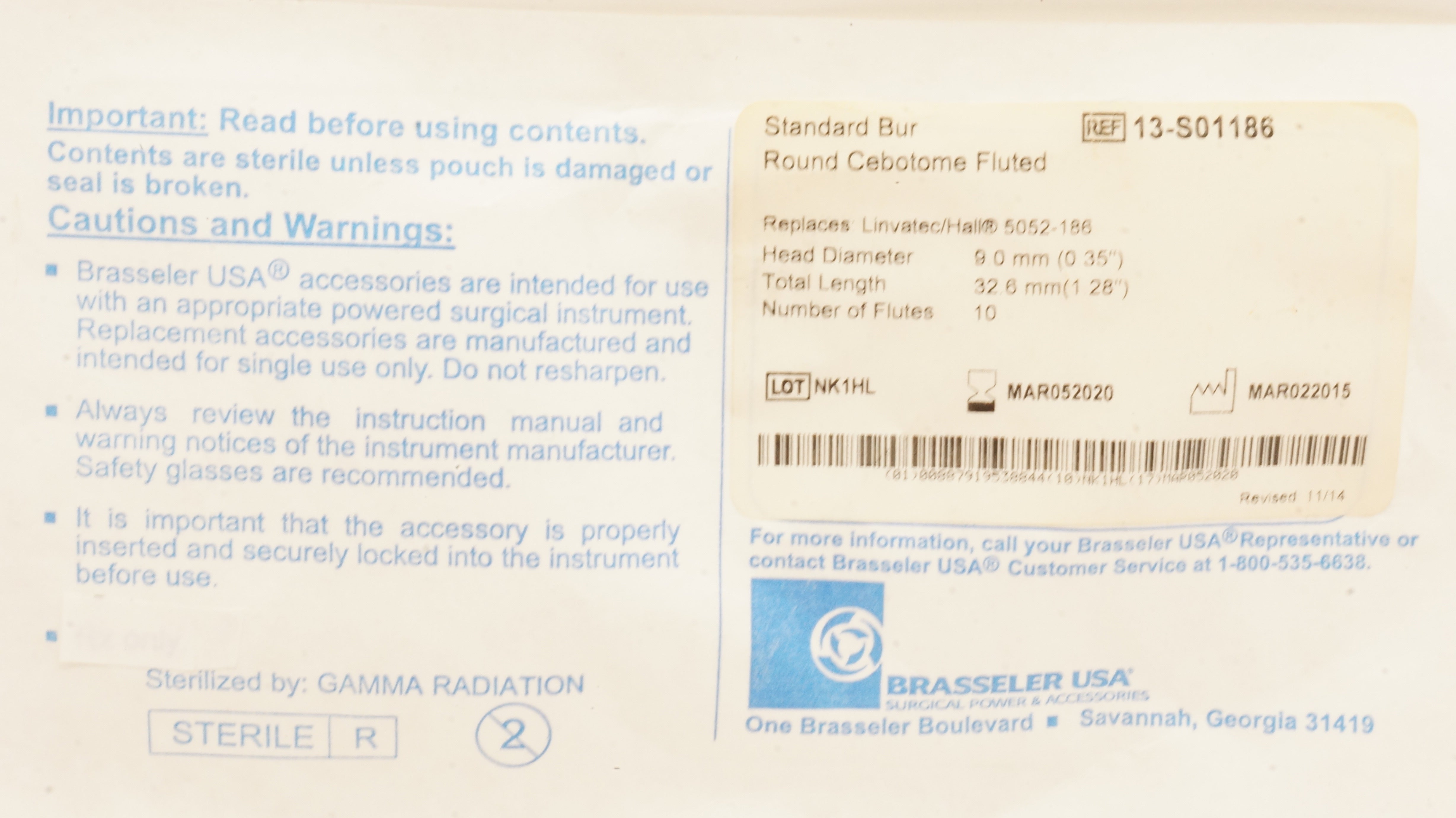 Brasseler 13-S01186 Standard Bur Round Cebotome Fluted 0.35inch x 1.28inch (x)