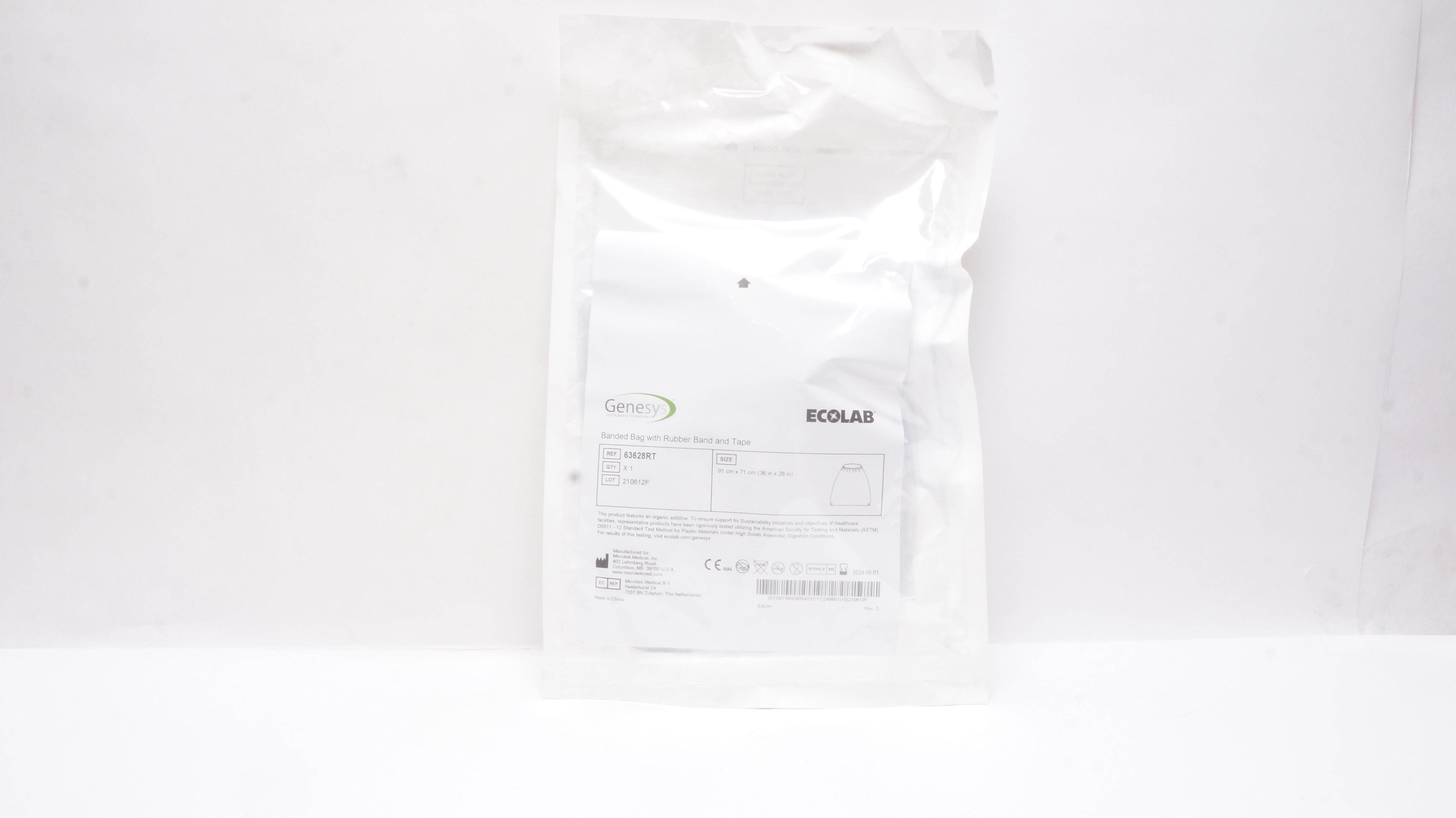 Microtek 63628RT Ecolab Genesys Banded Bag with Rubber Band and Tape 36 x 28inch