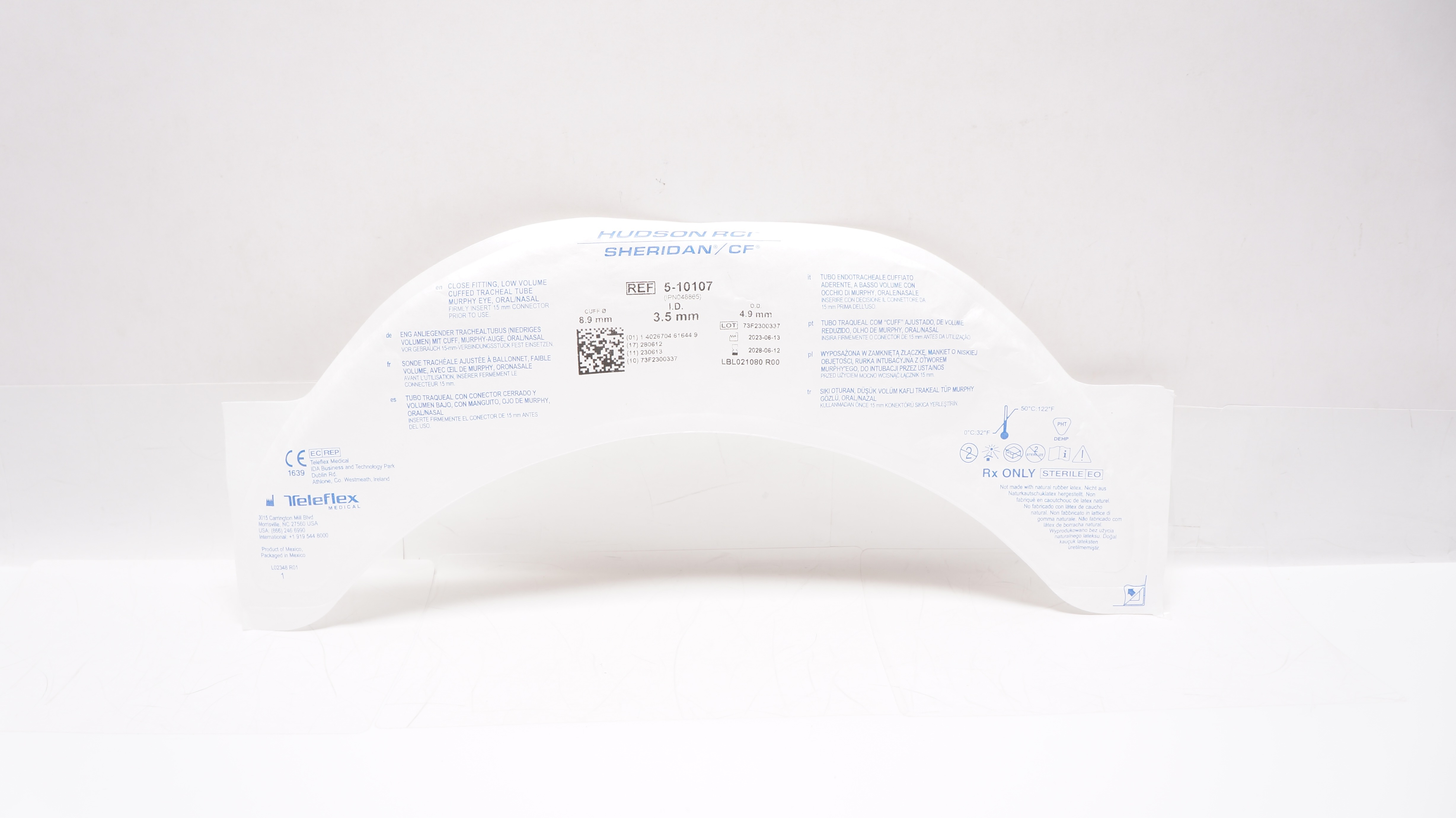 Teleflex 5-10407 Hudson RCI Sheridan Tracheal Tube Uncuffed 3.5mm ID x 4.9mm OD