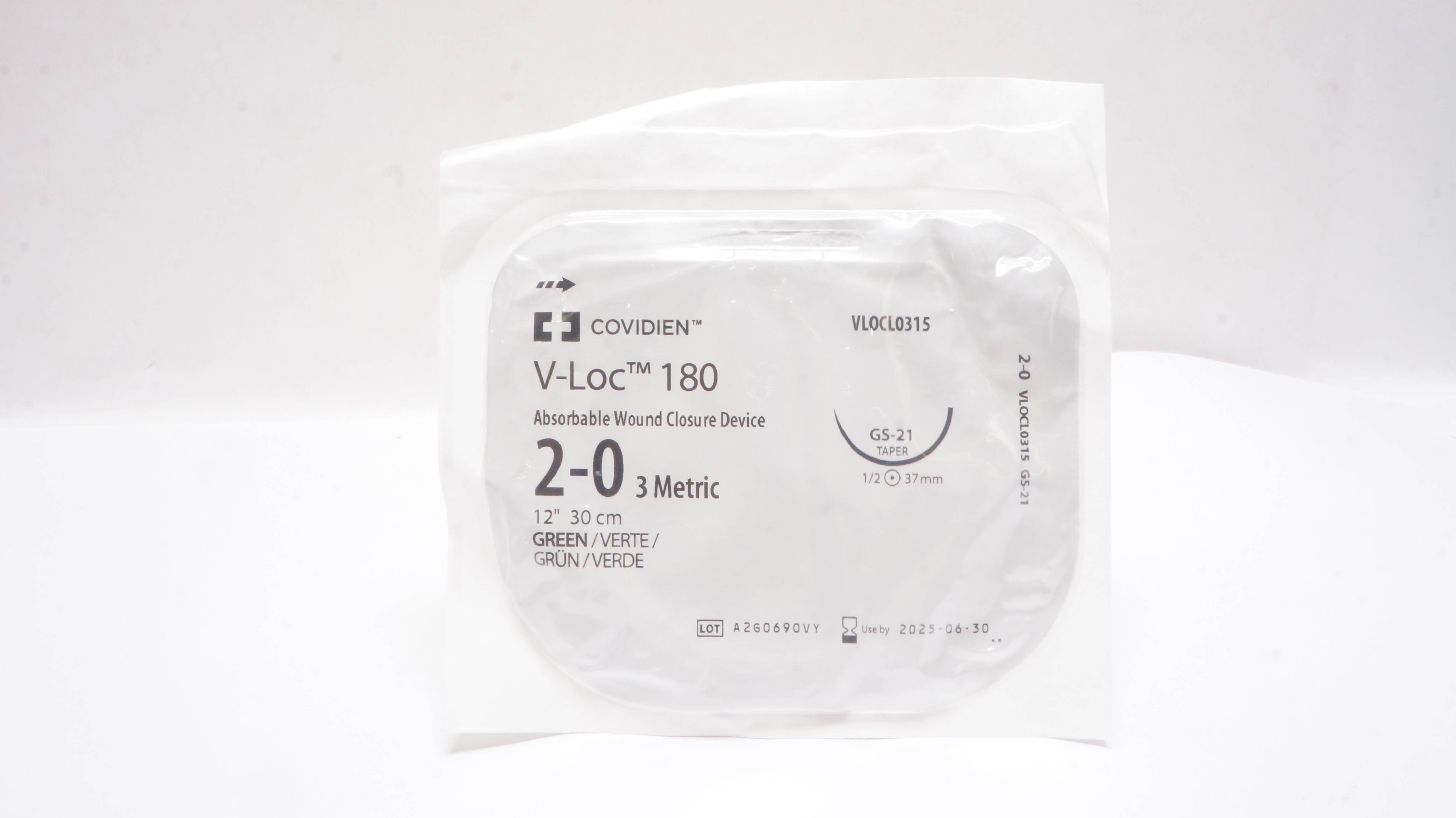 Covidien VLOCL0315, 2-0 V-Loc 180 Green, GS-21 1/2c 37mm Taper, 12inch