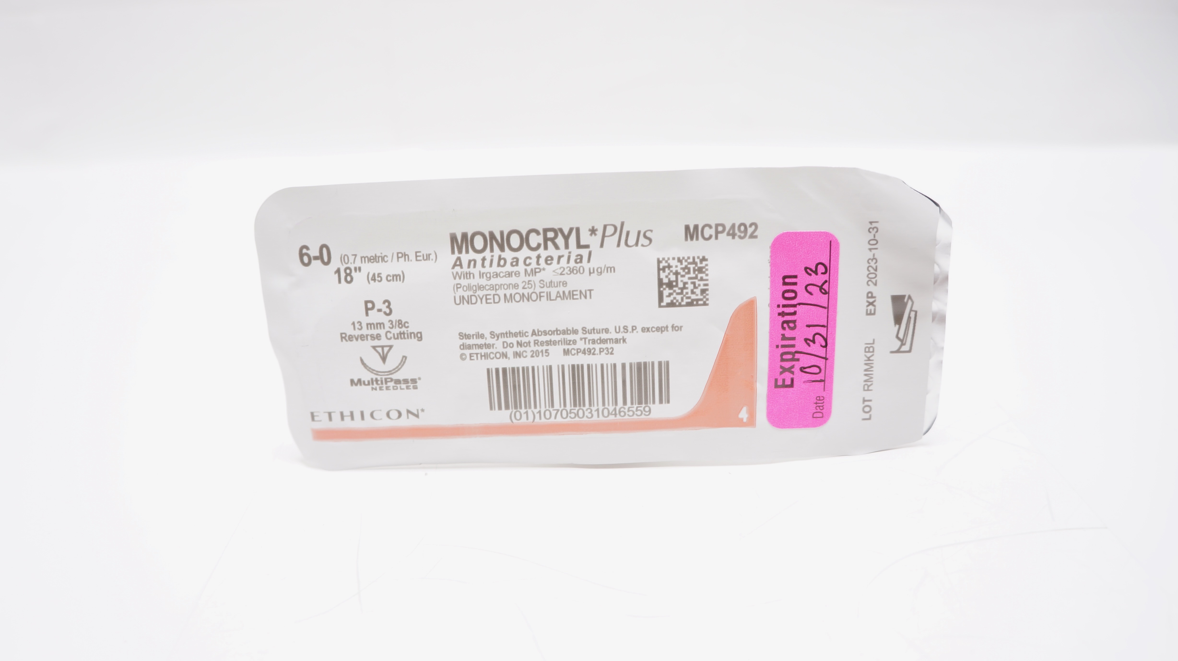 Ethicon MCP492 6-0 MONOCRYL Plus, P-3, 13mm 3/8c Reverse Cutting, 18inch (x)