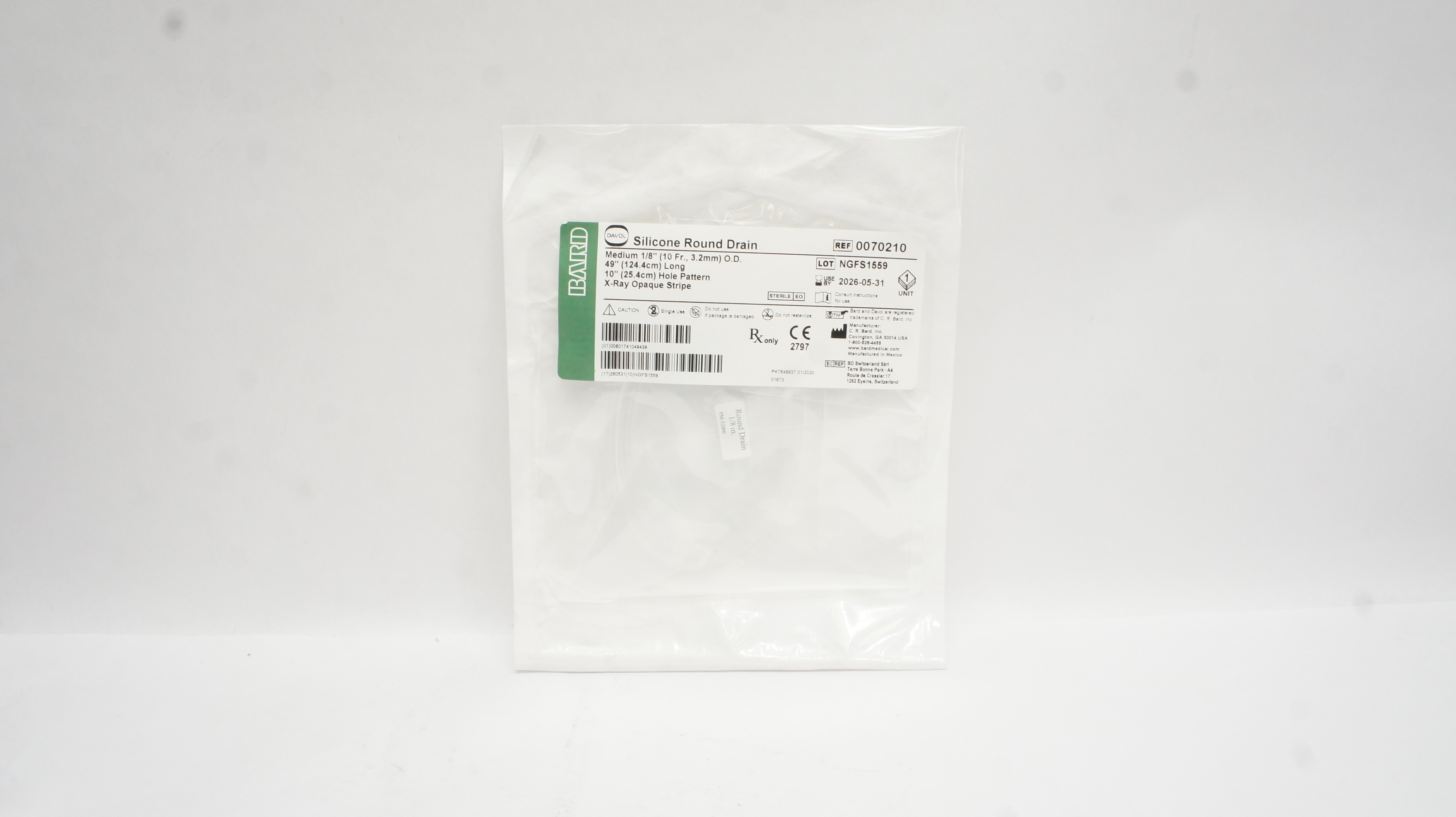 Bard 0070210 Davol Silicone Round Drain, Medium 1/8inch OD x 49inch x 10inch