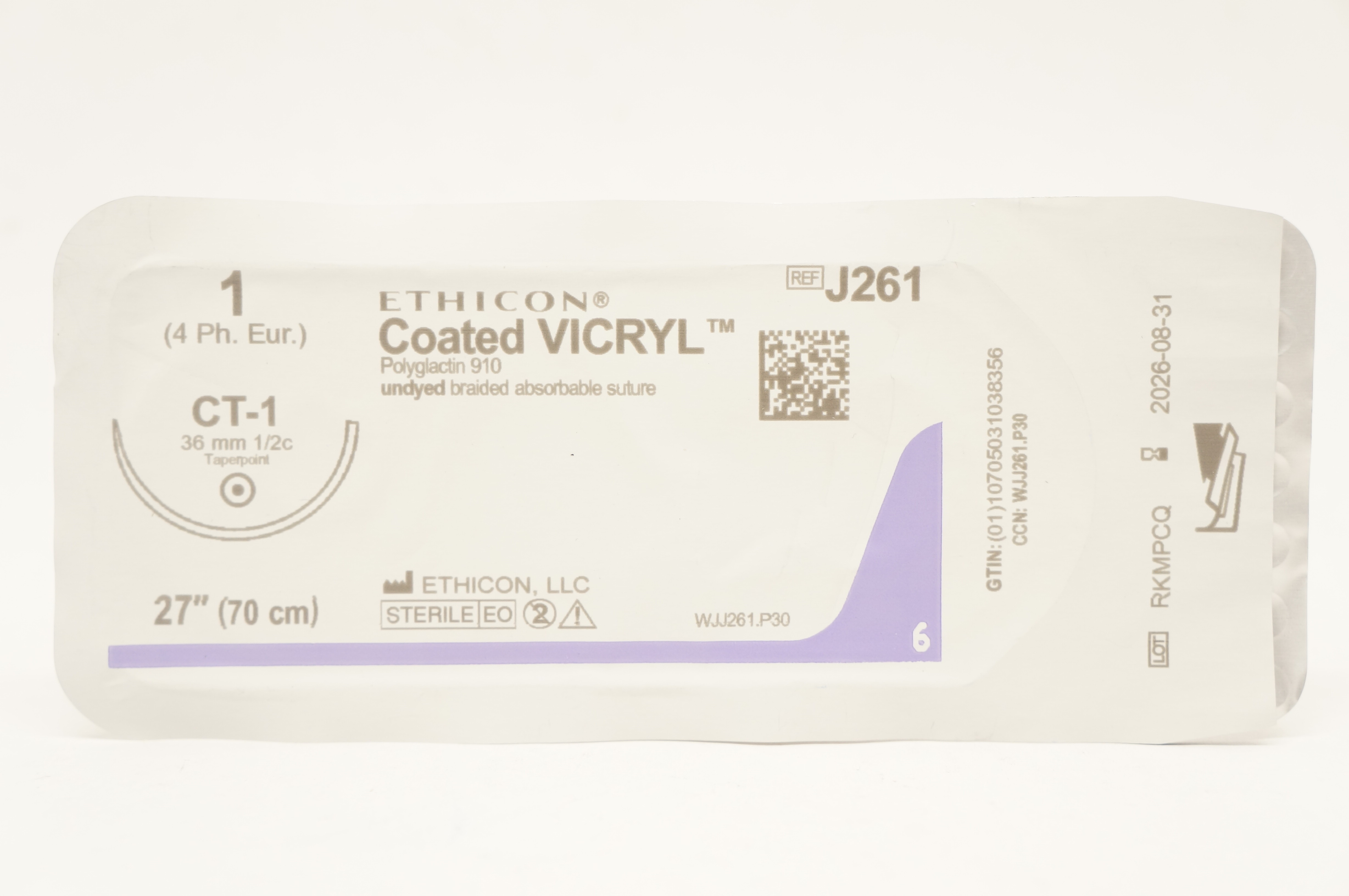 Ethicon J261 1 Coated VICRYL, CT-1 36mm 1/2c Taperpoint, 27inch