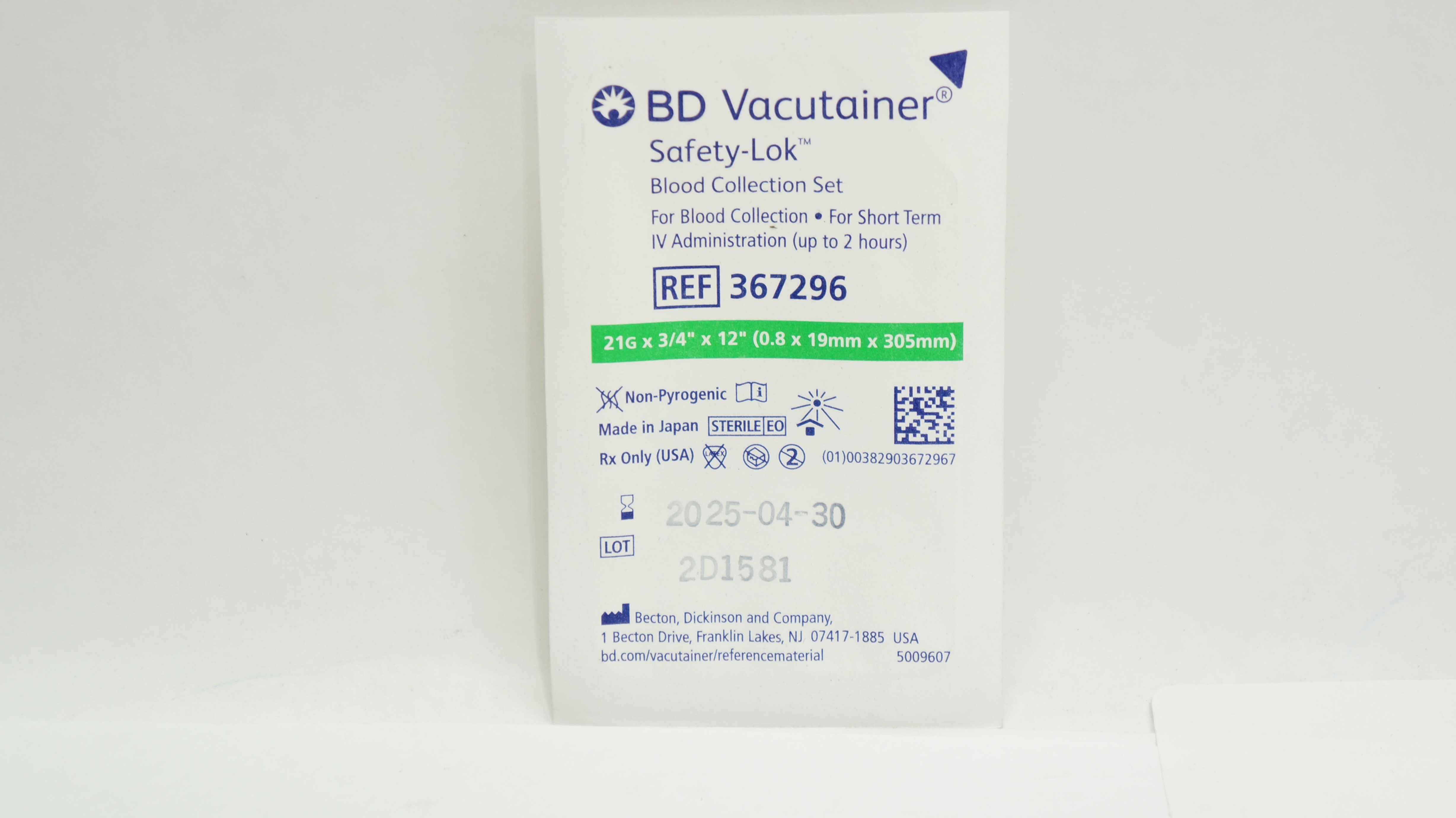 BD 367296 Vacutainer Safety-Lok Blood Collection Set 21G x 3/4 x 12inch