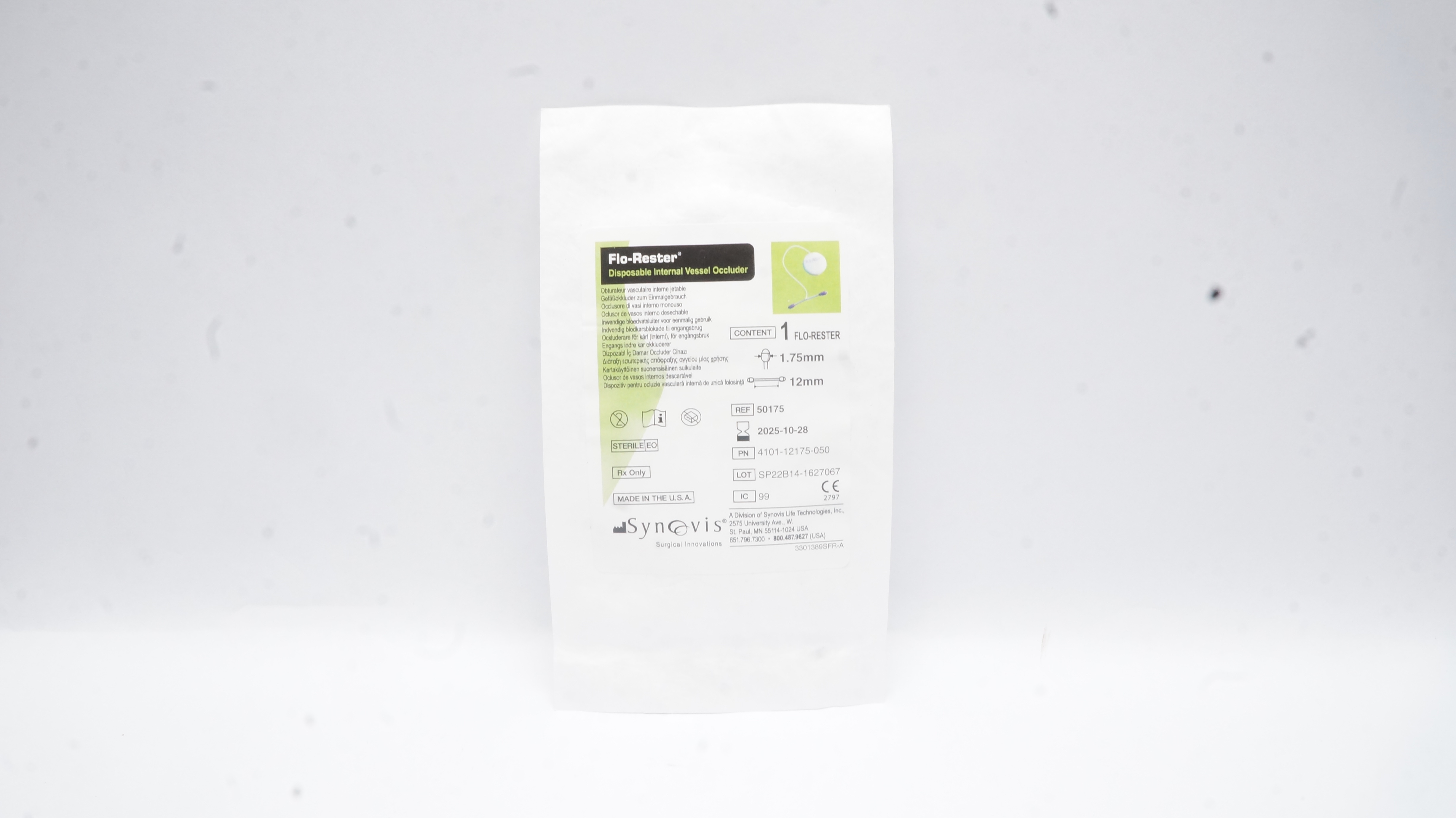 Synovis 50175 Flo-Rester Disposable Internal Vessel Occluder 1.75mm 12mm