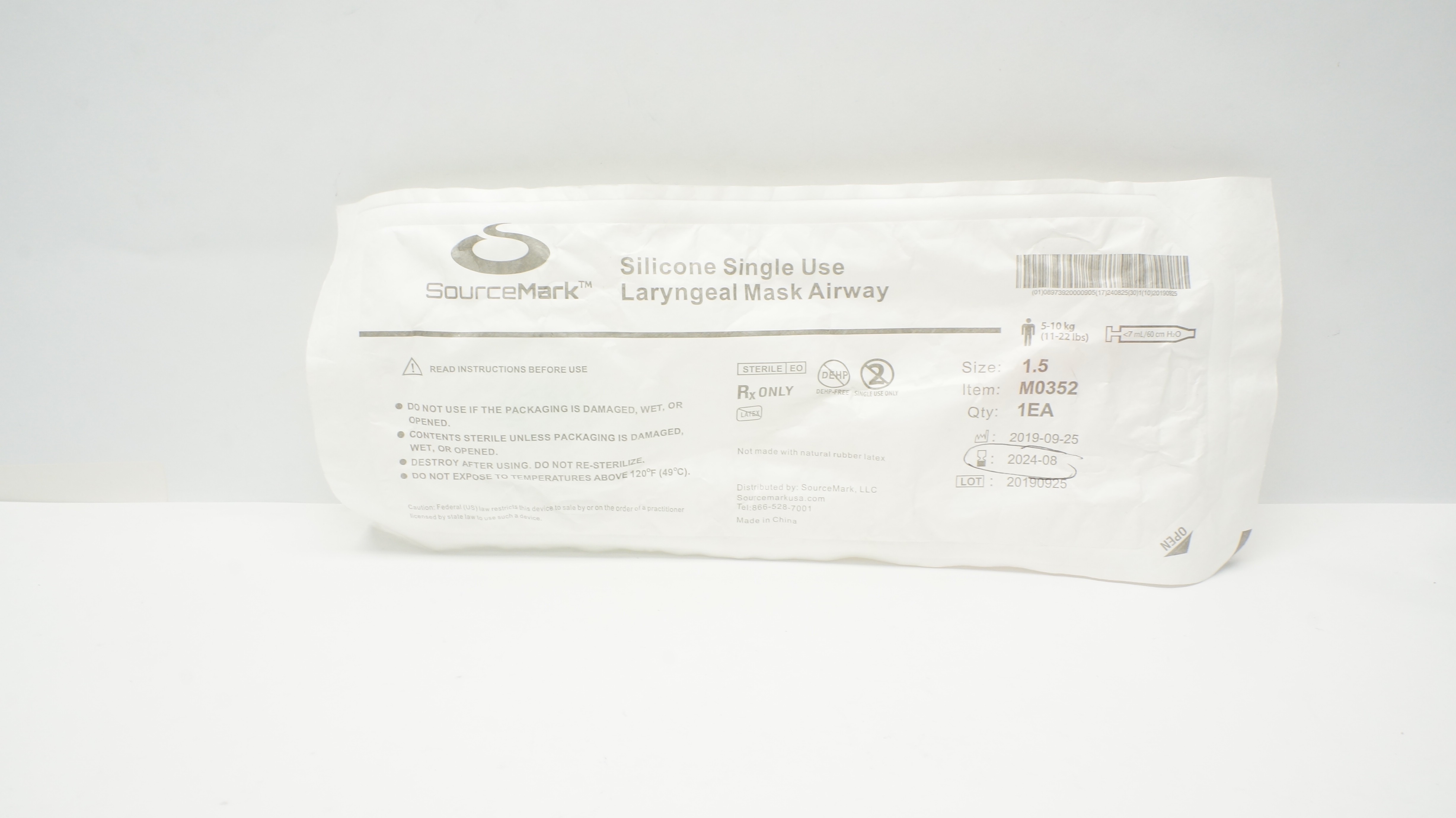 SourceMark M0352 Silicone Laryngeal Mask Airway Size1.5 11-22lbs <7mL/60cm H2O(x)