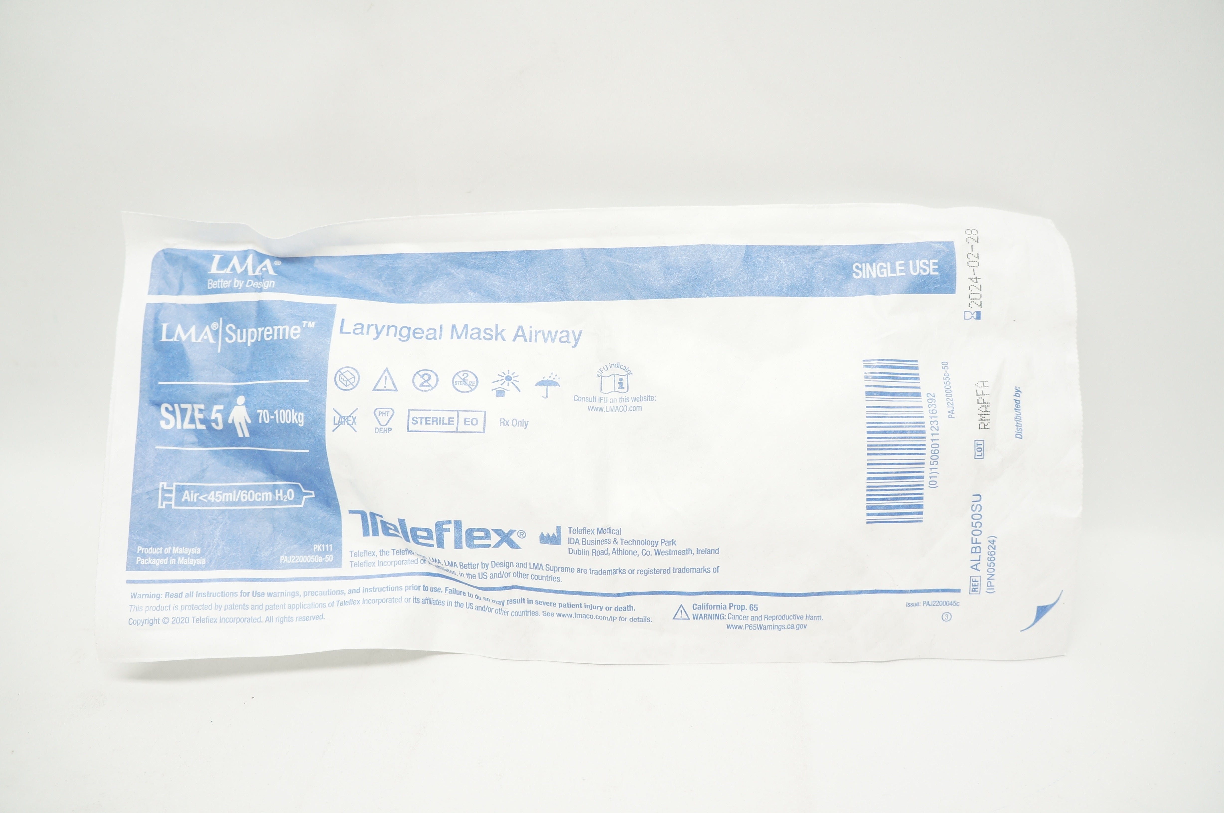 Teleflex  ALBF050SU LMA Laryngeal Mask Airway Size 5 50-70kg, Air <45ml/60cm H2O