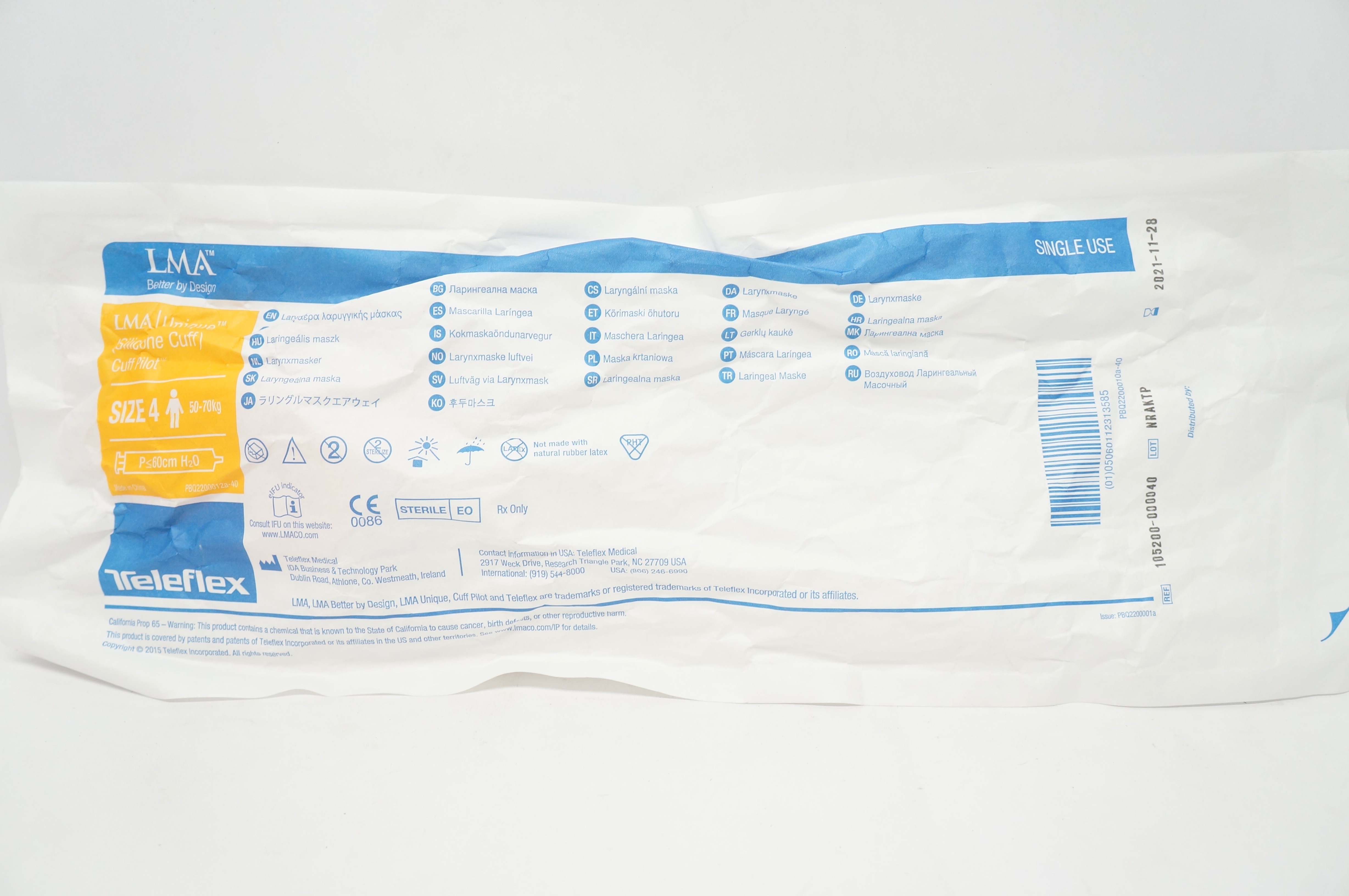 Teleflex 105200-000040 LMA Unique Cuff Pilot Laryngeal Mask Size 4, 50-70kg (x)
