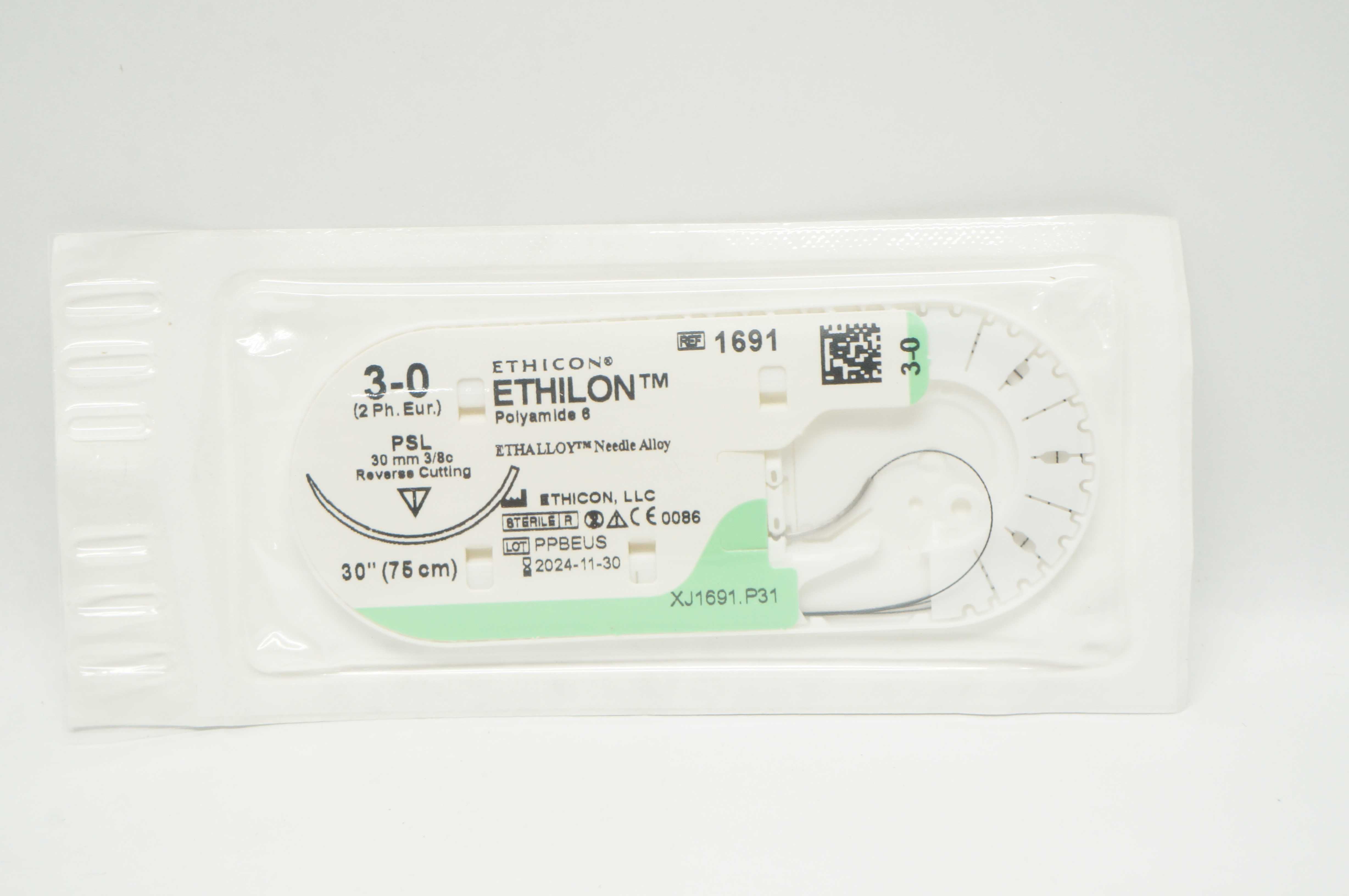 Ethicon 1691 3-0 ETHILON PSL 30mm 3/8c Reverse Cutting 30inch