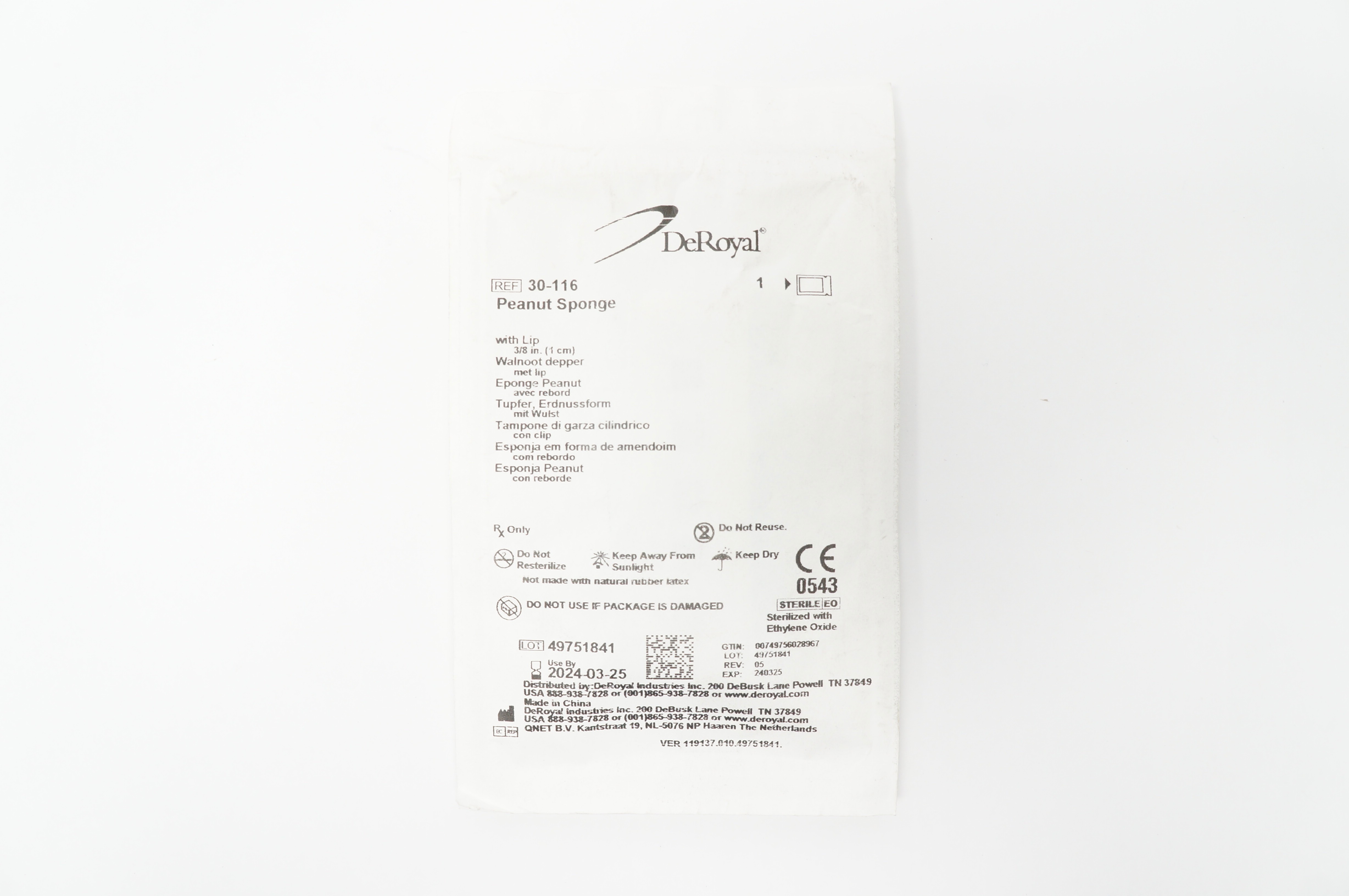 DeRoyal 30-116 Peanut Sponge with Lip 3/8inch