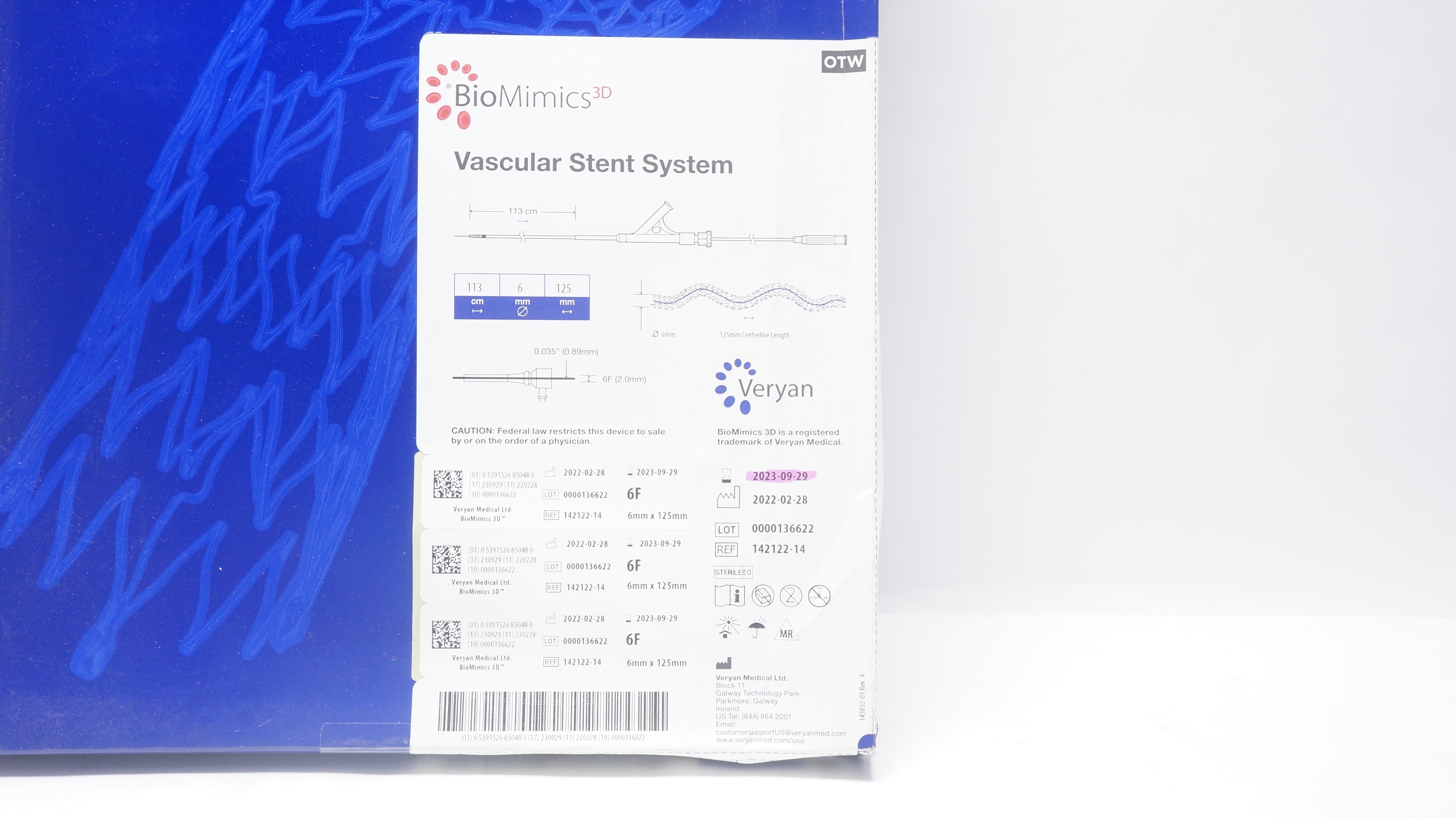 Veryan Medical 142122-14 BioMimics Vascular Stnt System 113cm x 6mm x 125mm (x)