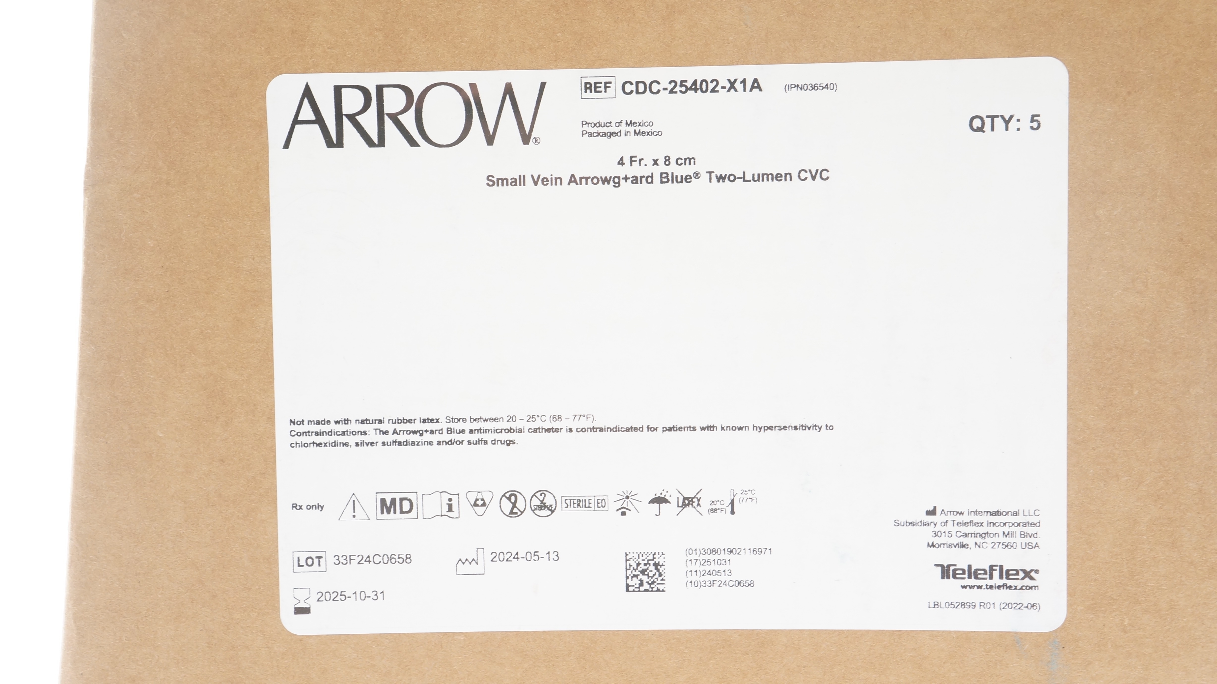 Arrow CDC-25402-X1A AGB Pediatric 2Lumen CVC Kit 4Fr x 8cm x .018inch - Box of 5