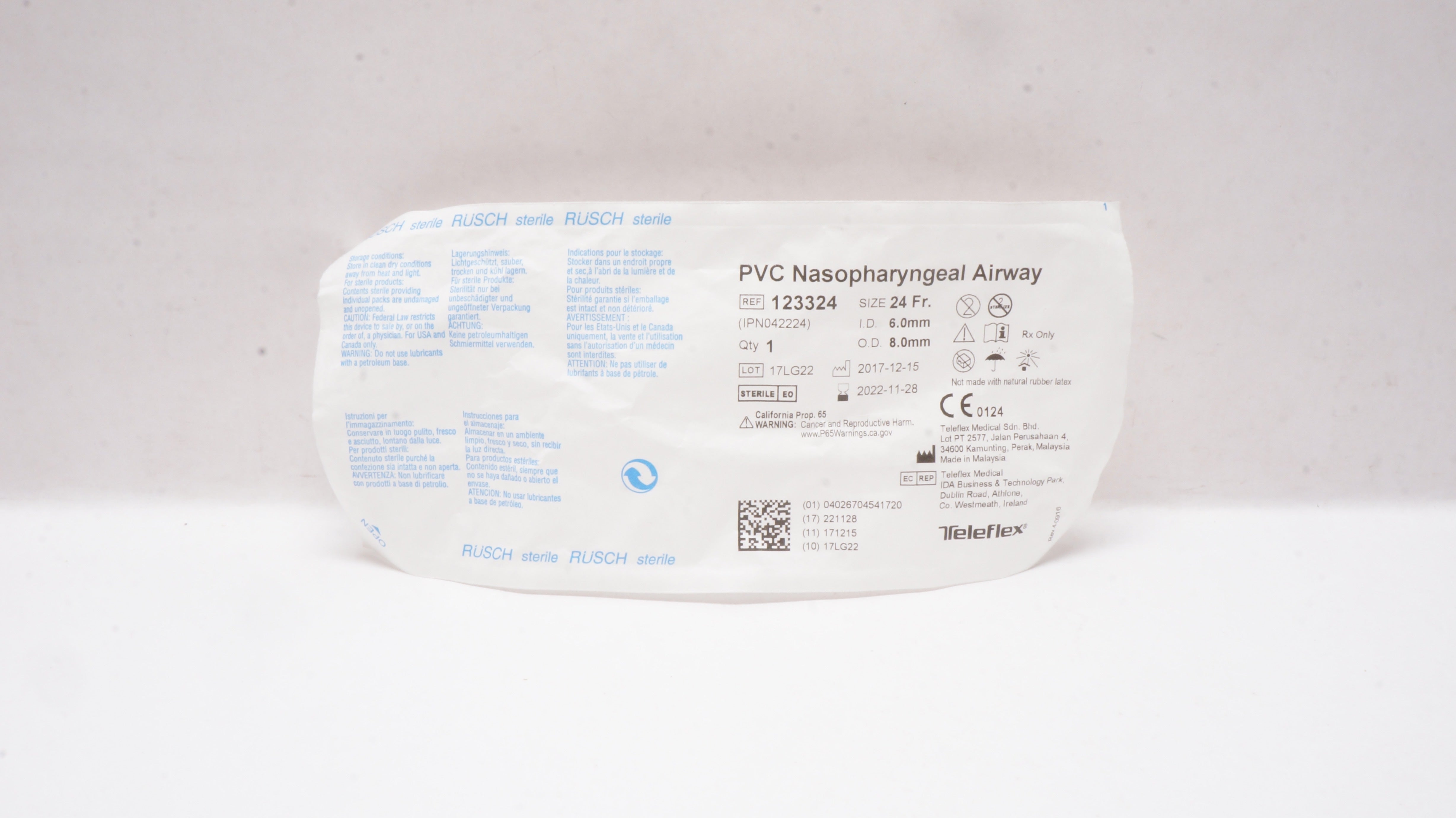 Teleflex 123324 Rusch PVC Nasopharyngeal Airway 24 Fr x 6.0mm ID x 8.0mm OD (x)