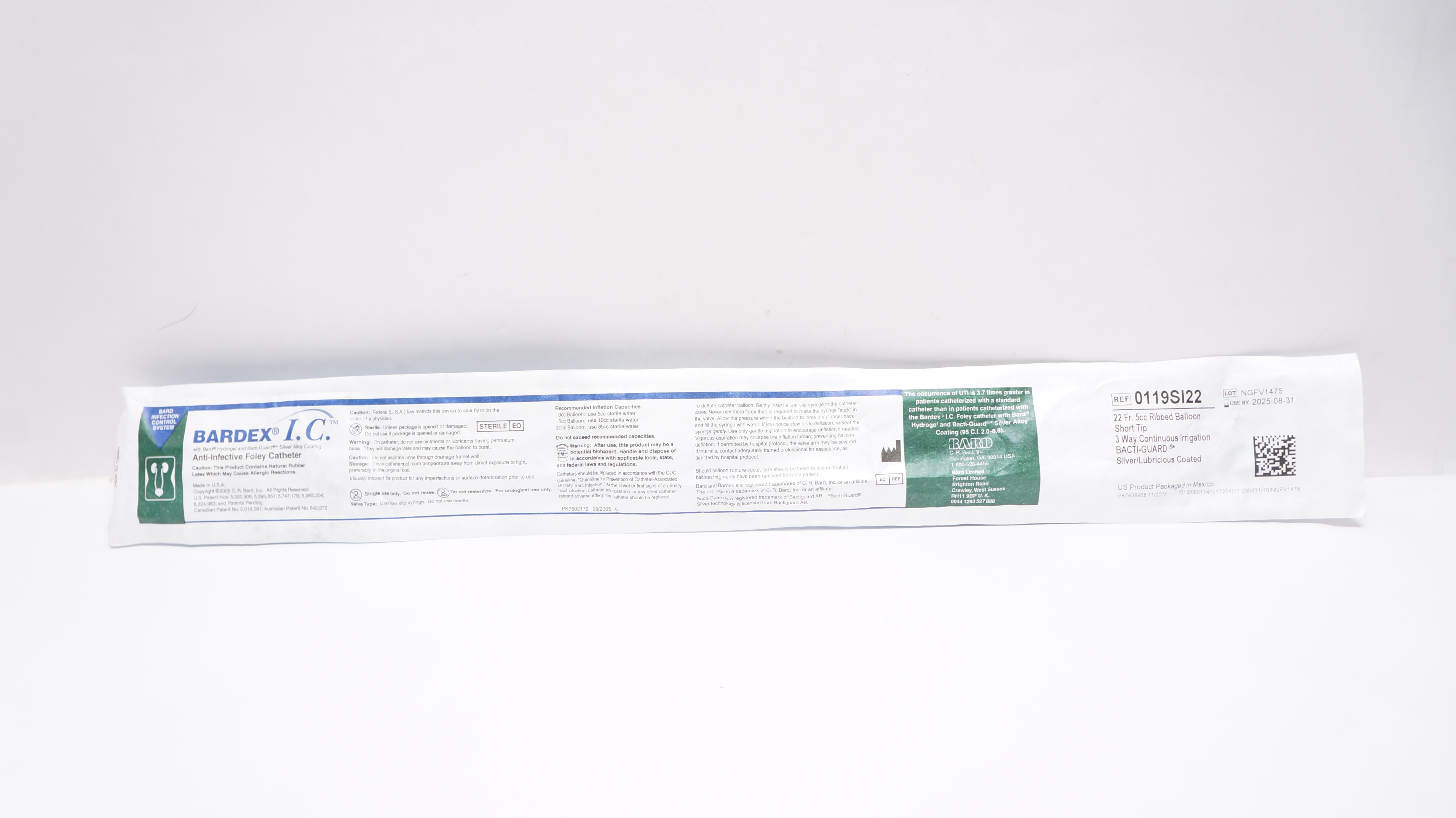 Bard 0119SI22 Bardex I.C. Anti-Infective Foley Cath. 22Fr 5cc Ribbed Balloon