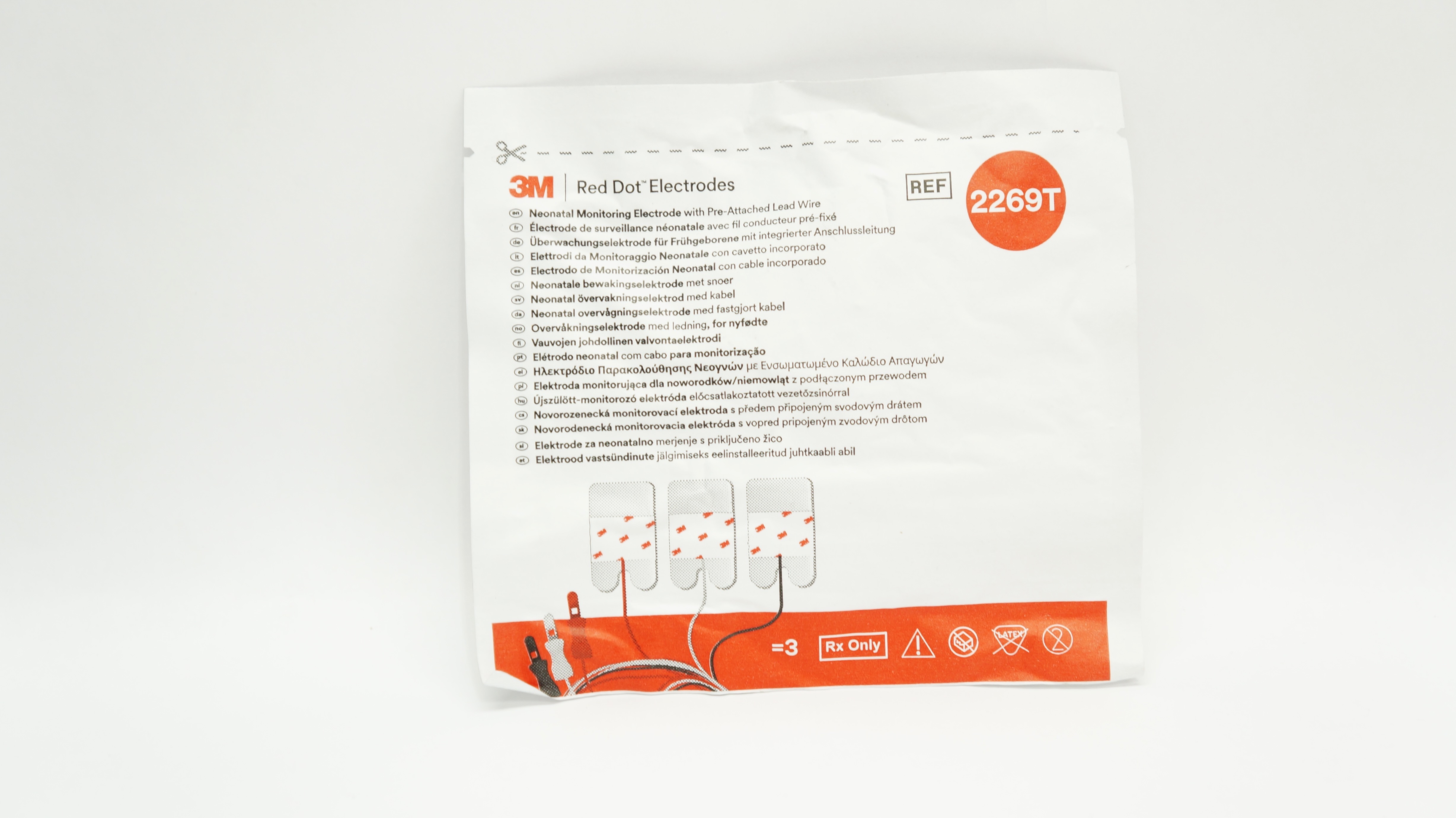 3M 2269T Red Dot Neonatal Monitoring Electrode w/Pre-Attached Wire - Pack of 3