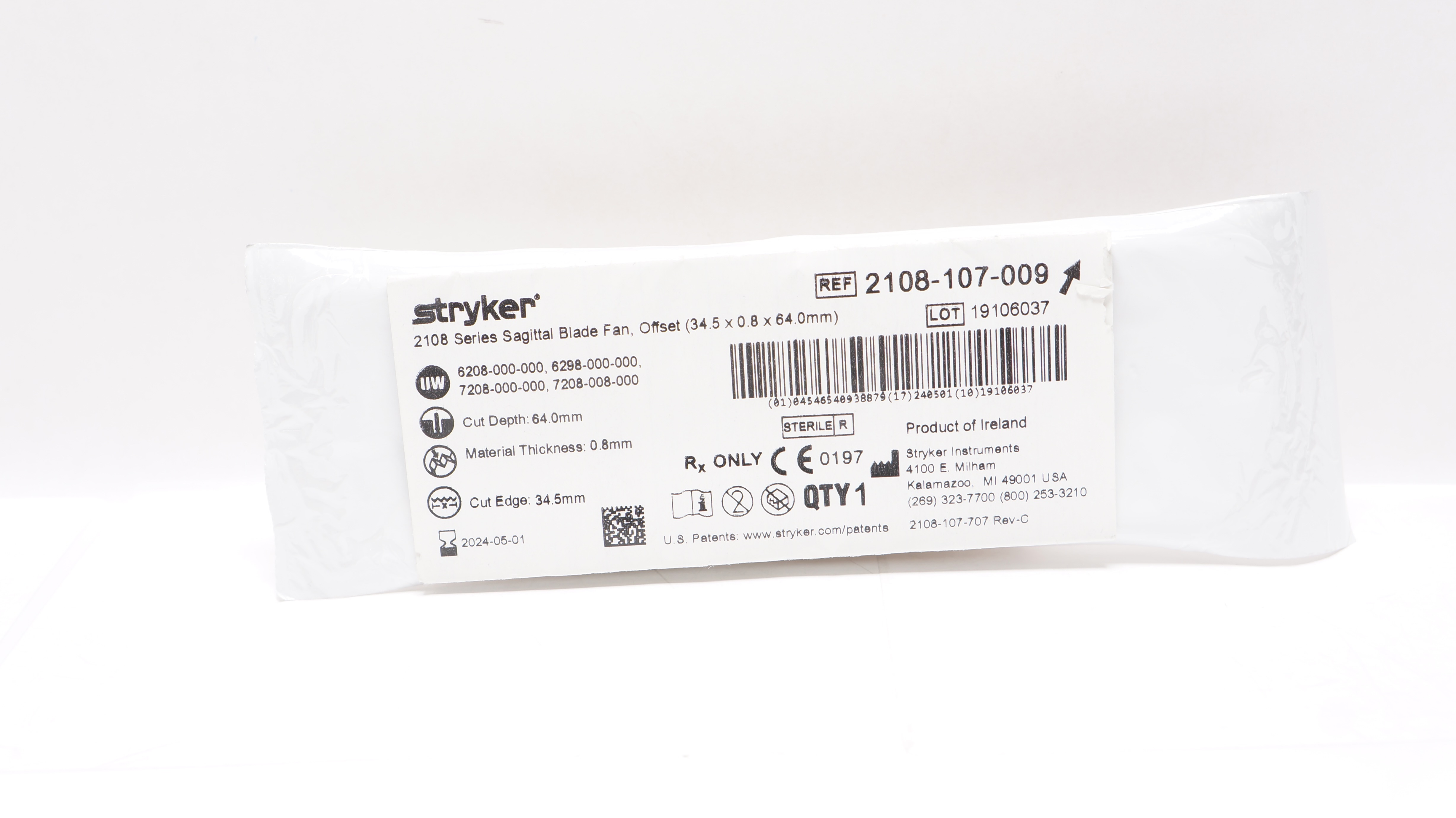 Stryker 2108-107-009 2108 Series Sagittal Blade Fan, Offset, 34.5 x 0.8 x 64.0mm