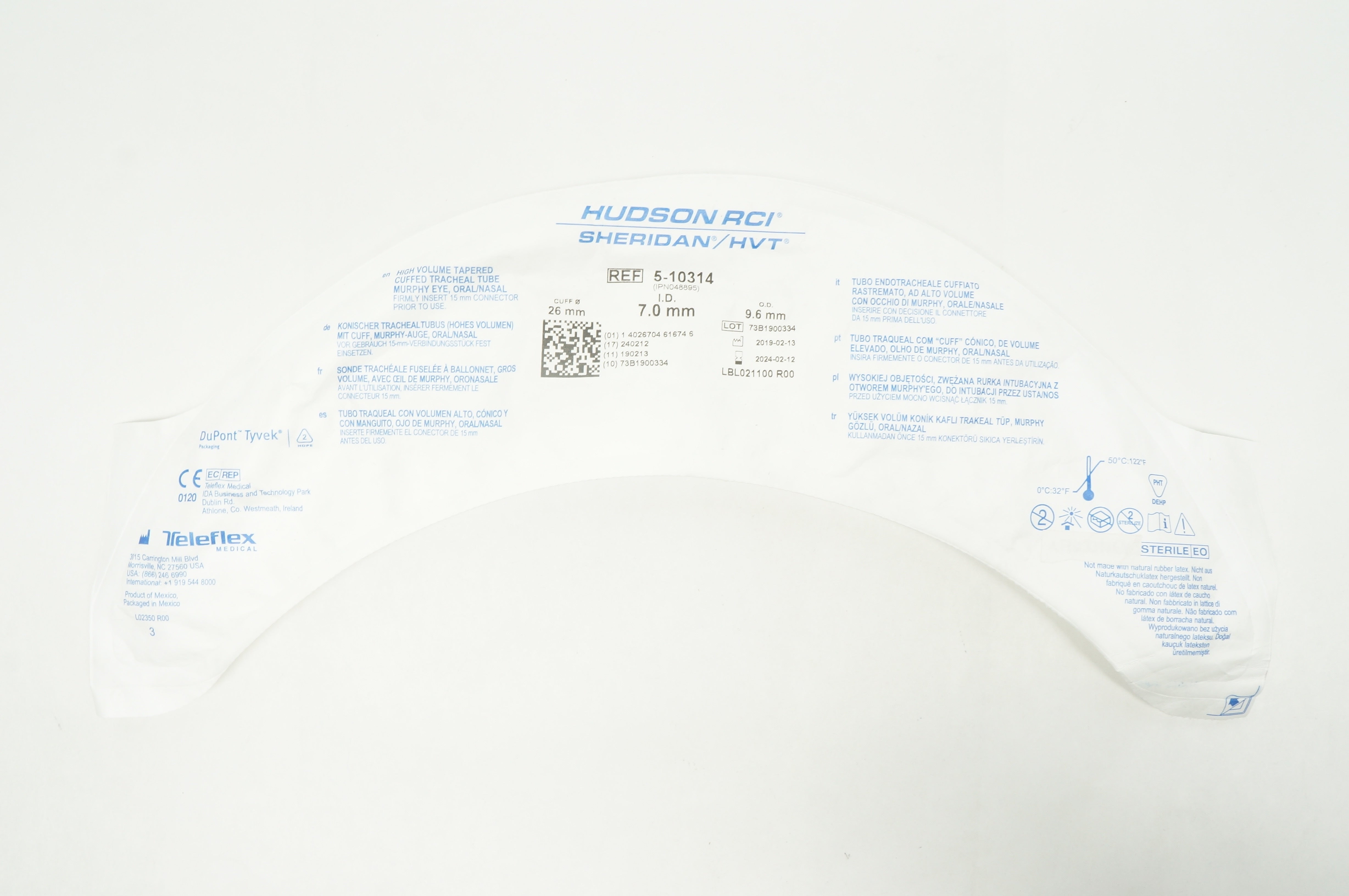 Teleflex 5-10314 Hudson RCI Sheridan Cuffed Tracheal Tube 7.0 ID x 9.6 OD x 26mm
