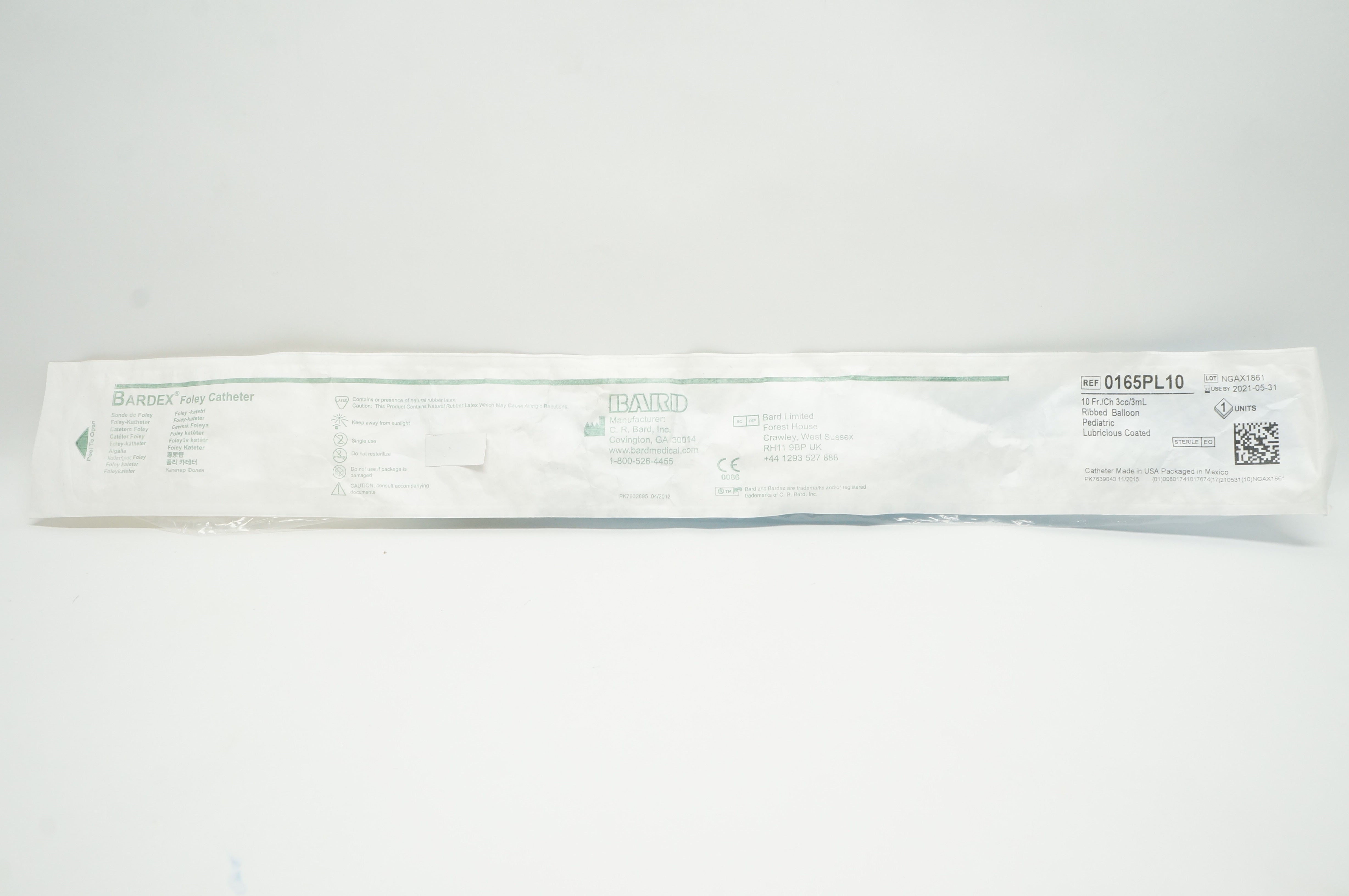 Bard 0165PL10 Bardex Foley Pediatric Cath. 10Fr/Ch x 3cc/3mL Ribbed Balloon