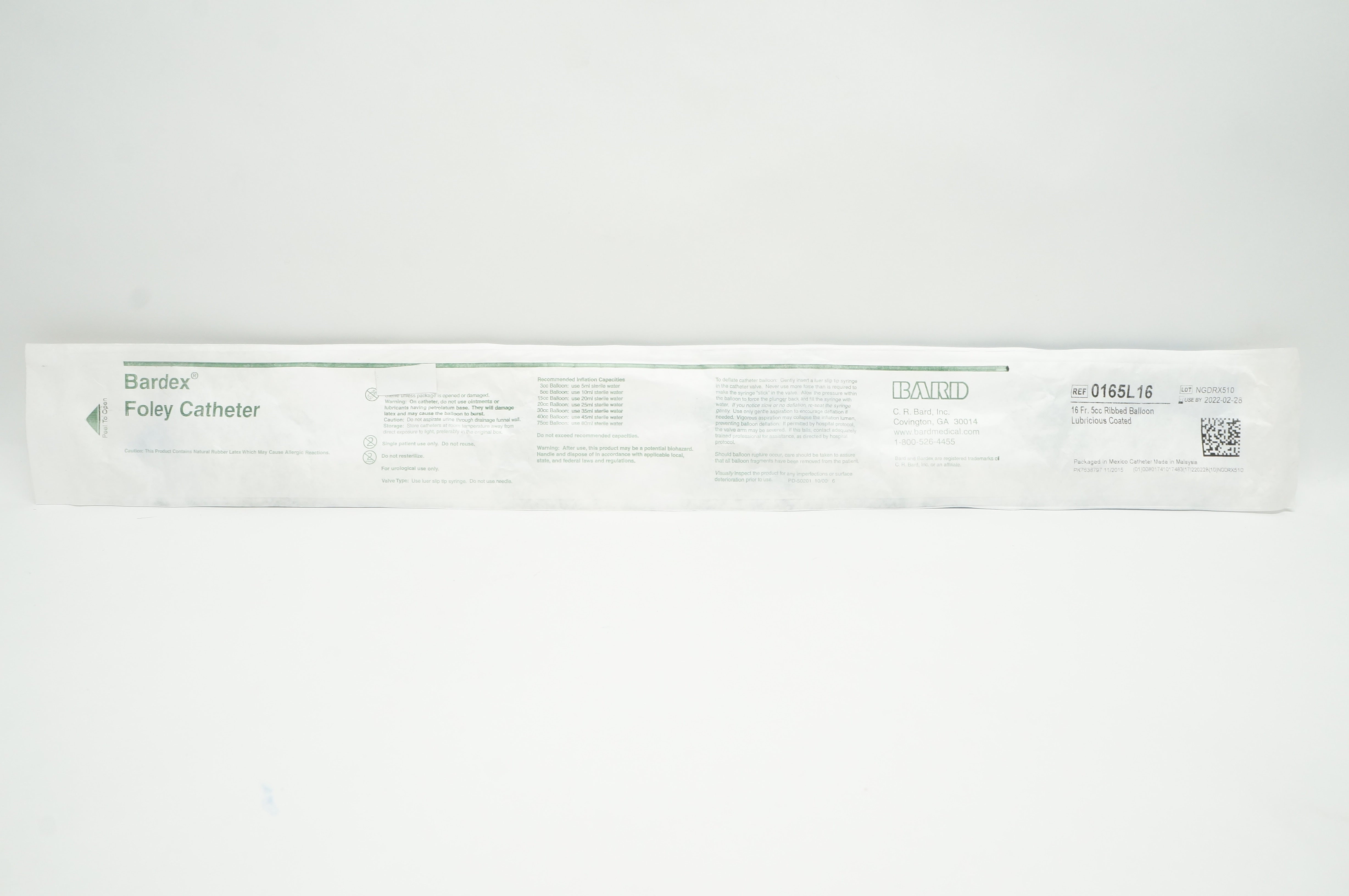 Bard 0165L16 Bardex Foley Cath. 16 Fr 5cc Ribbed Balloon Lubricious Coated
