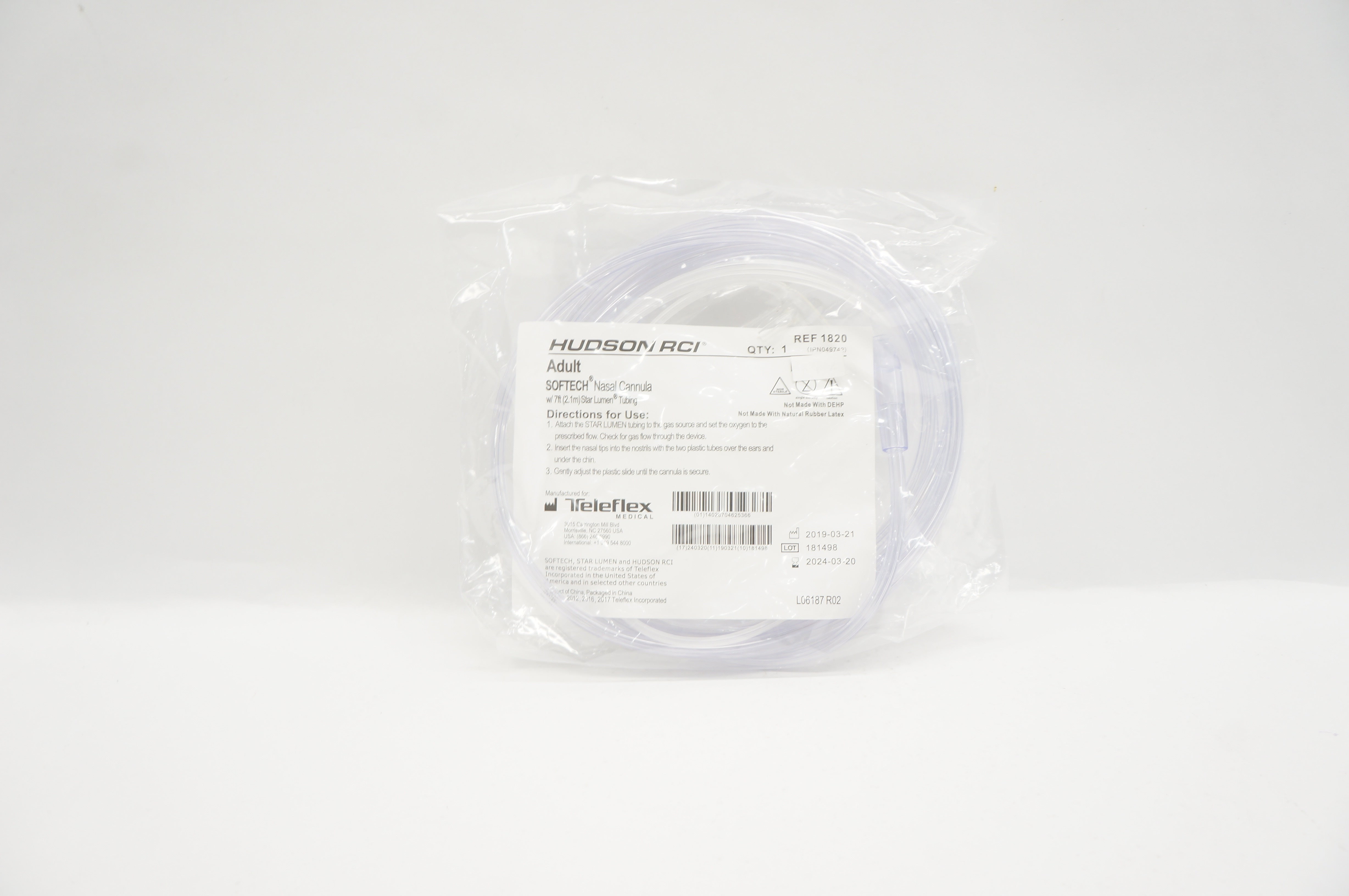 Teleflex 1820 Hudson RCI Softech Adult Nasal Cannula w/7ft Star Lumen Tubing