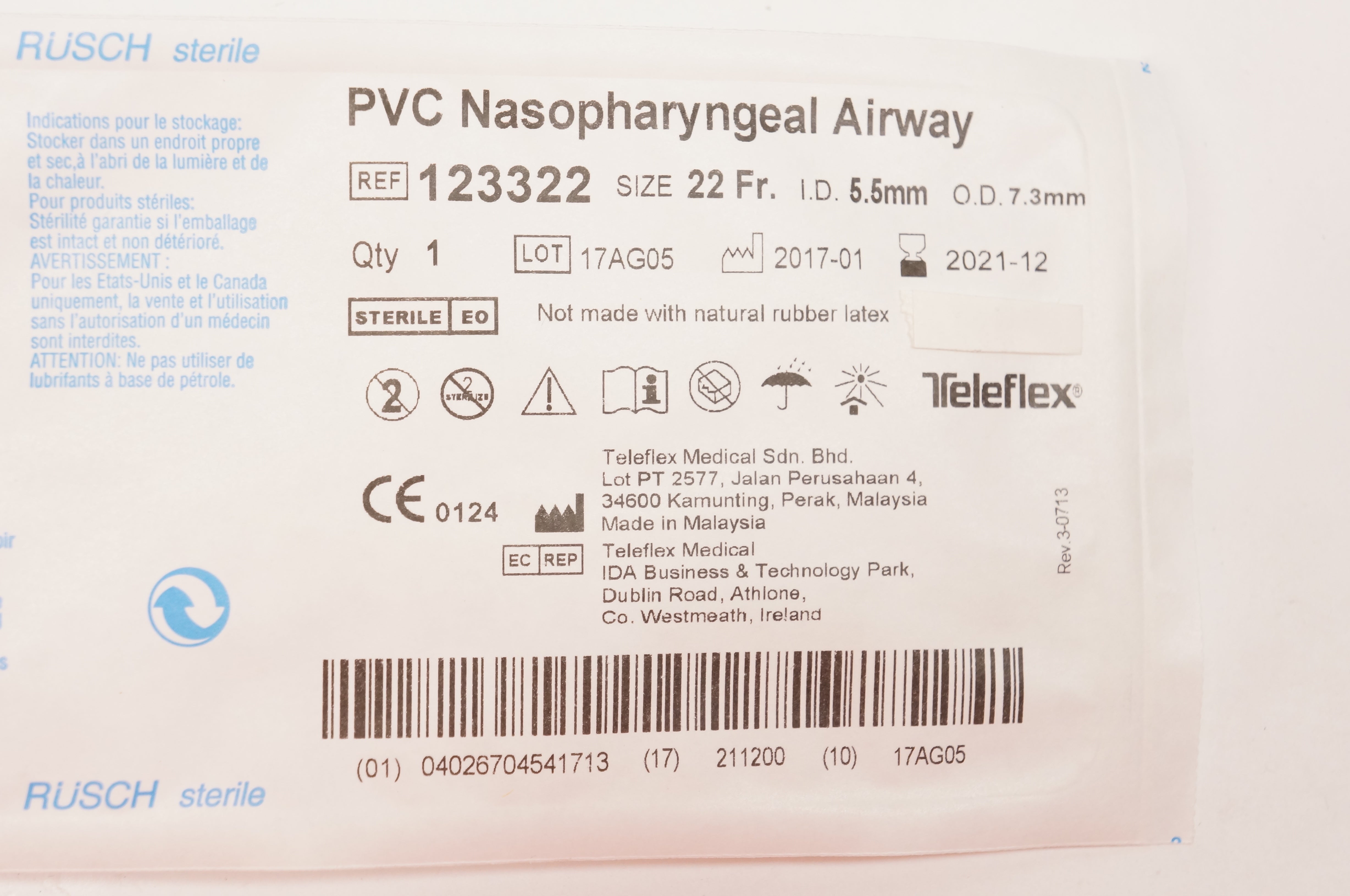 Teleflex 123322 PVC Nasopharyngeal Airway 22Fr. - Box of 8