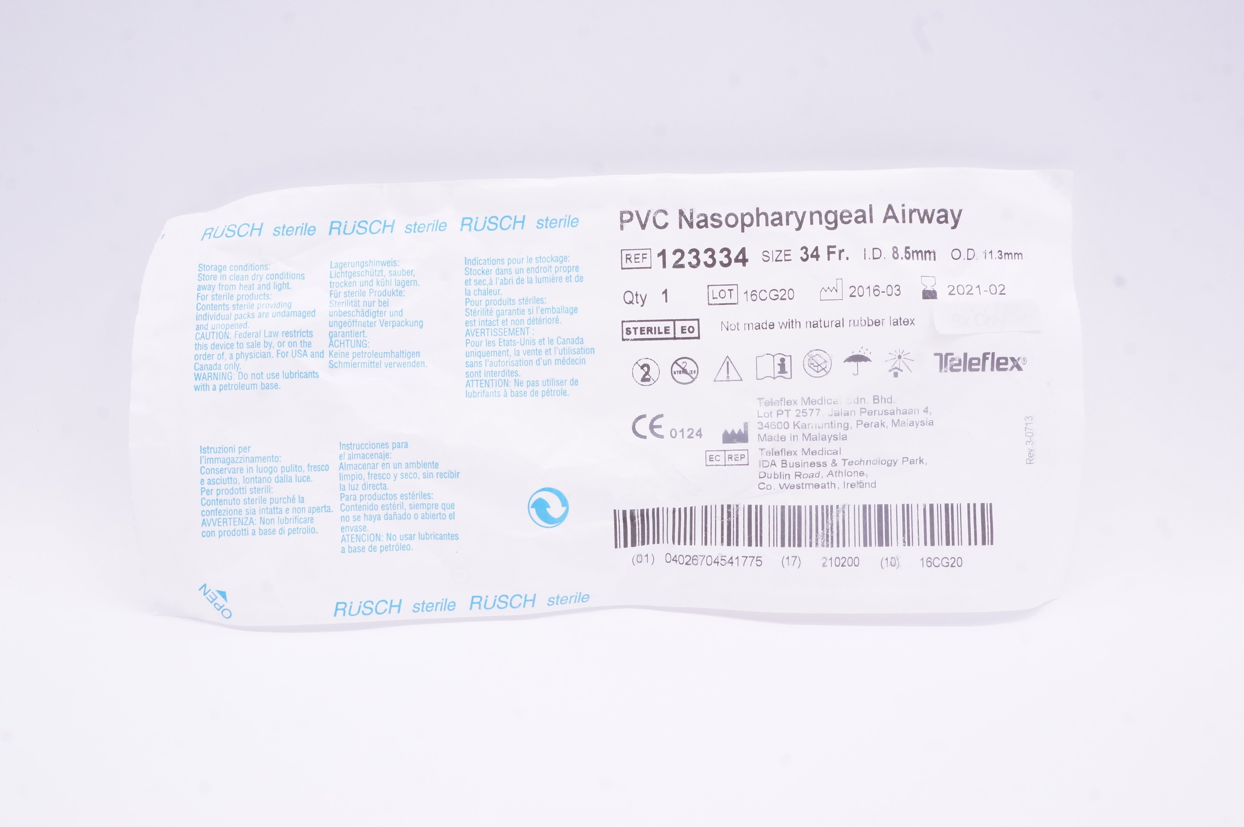 Teleflex 123334 PVC Nasopharyngeal Airway  34 Fr. 8.5mm x 11.3mm (x)