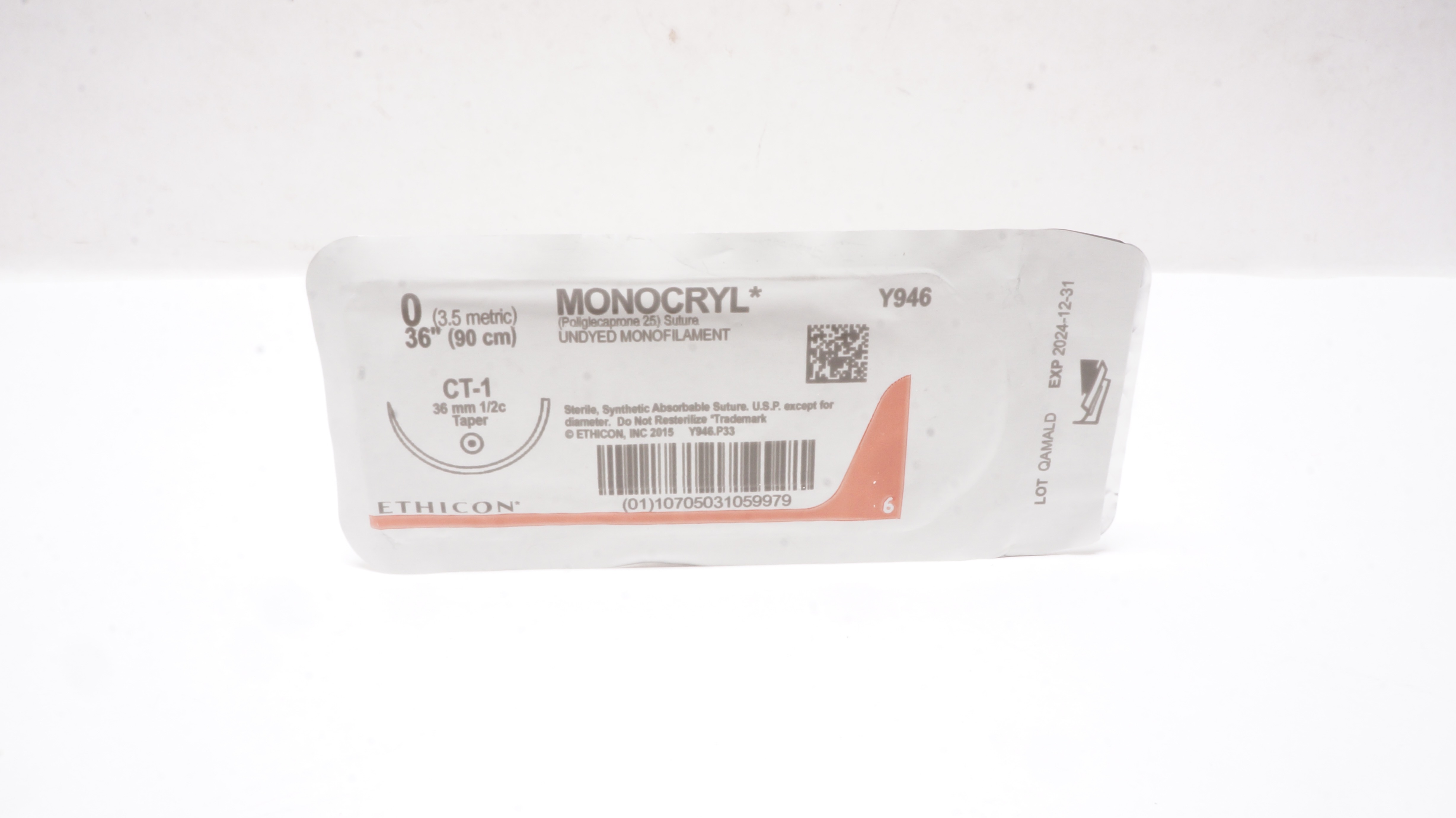 Ethicon Y946 0 MONOCRYL  Undyed Monofilament CT-1 36mm 1/2c Taper 36inch