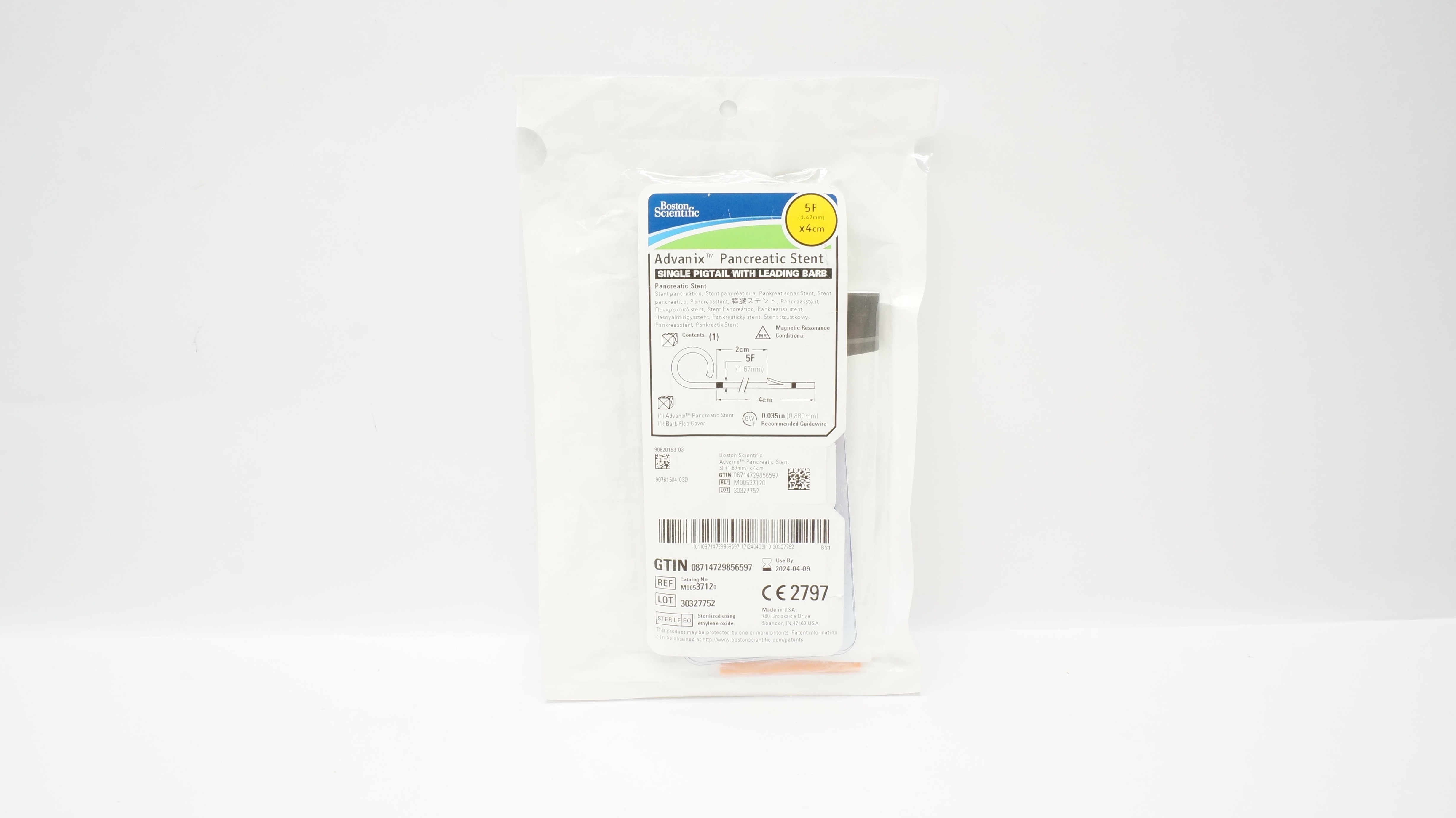Boston Scientific M00537120 Advanix Pancreatic Stnt Single Pigtail 5F x 4cm (x)