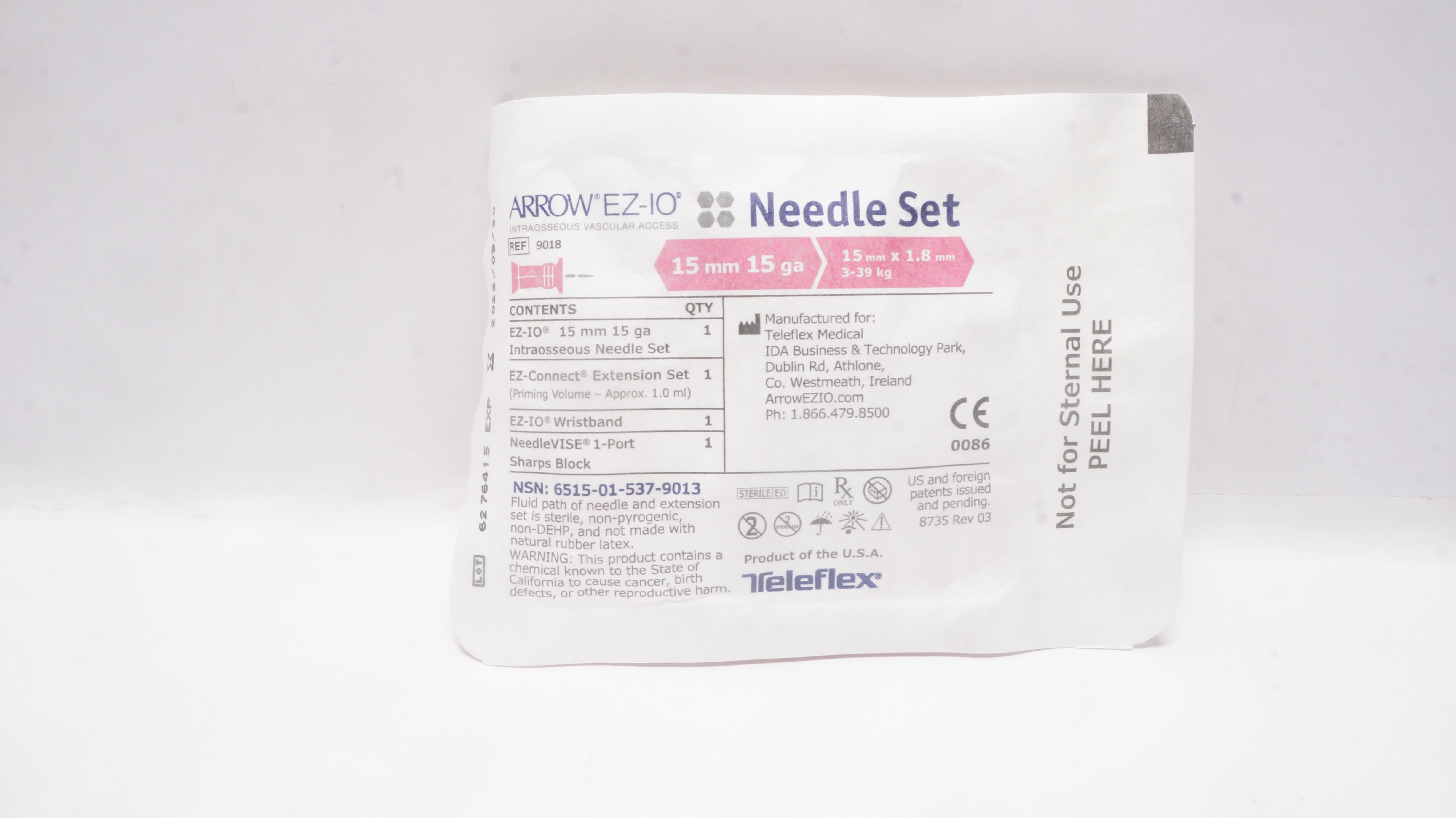 Teleflex 9018 Arrow EZ-IO Intraosseous Ndle Set 15mm x 15Ga, 3-39kg (x)