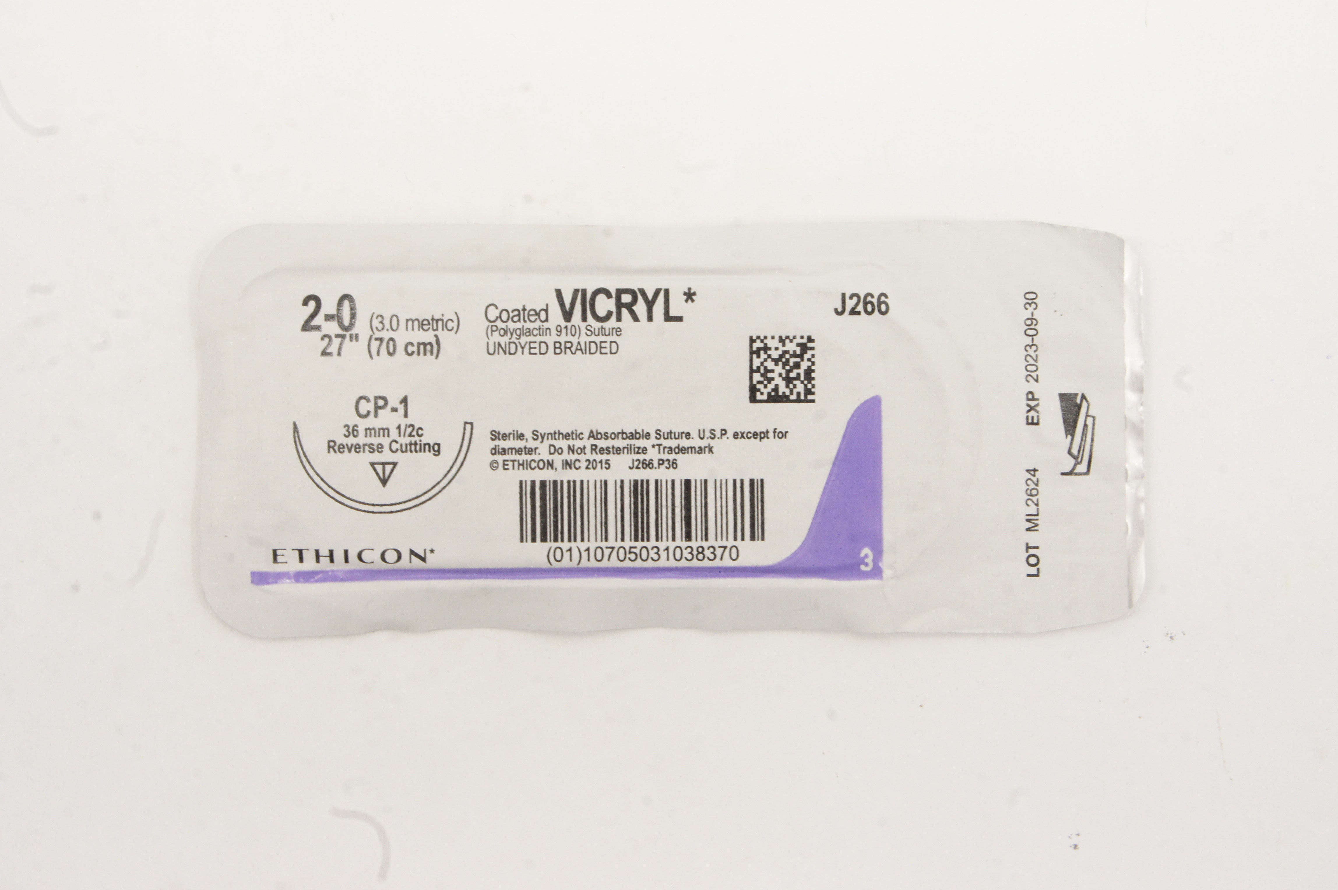 Ethicon J266 2-0 VICRYL CP-1 36mm 1/2c Reverse Cutting, 27inch