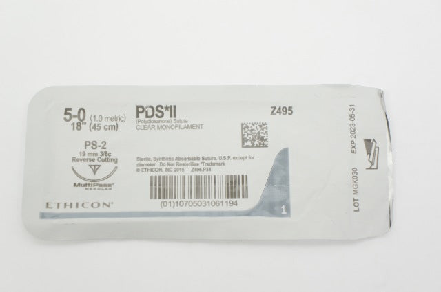 Ethicon Z495 5-0 PDS II Polydioxanone Stre PS-2 19mm 3/8c Reverse Cutting 18inch