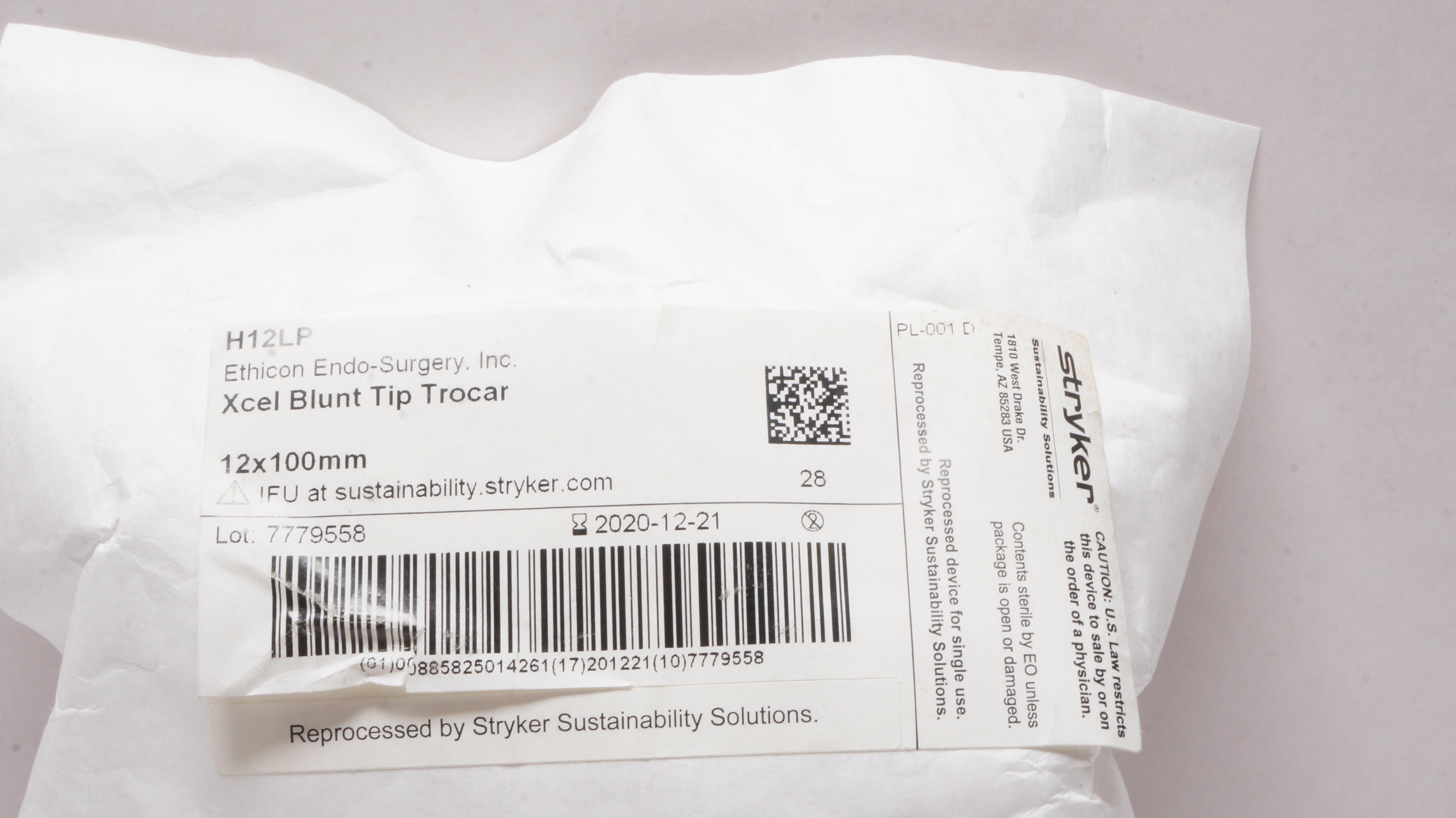 Stryker H12LP Ethicon XCEL Blunt Tip Trocar with Smooth Sleeve 12mm x 100mm (x)