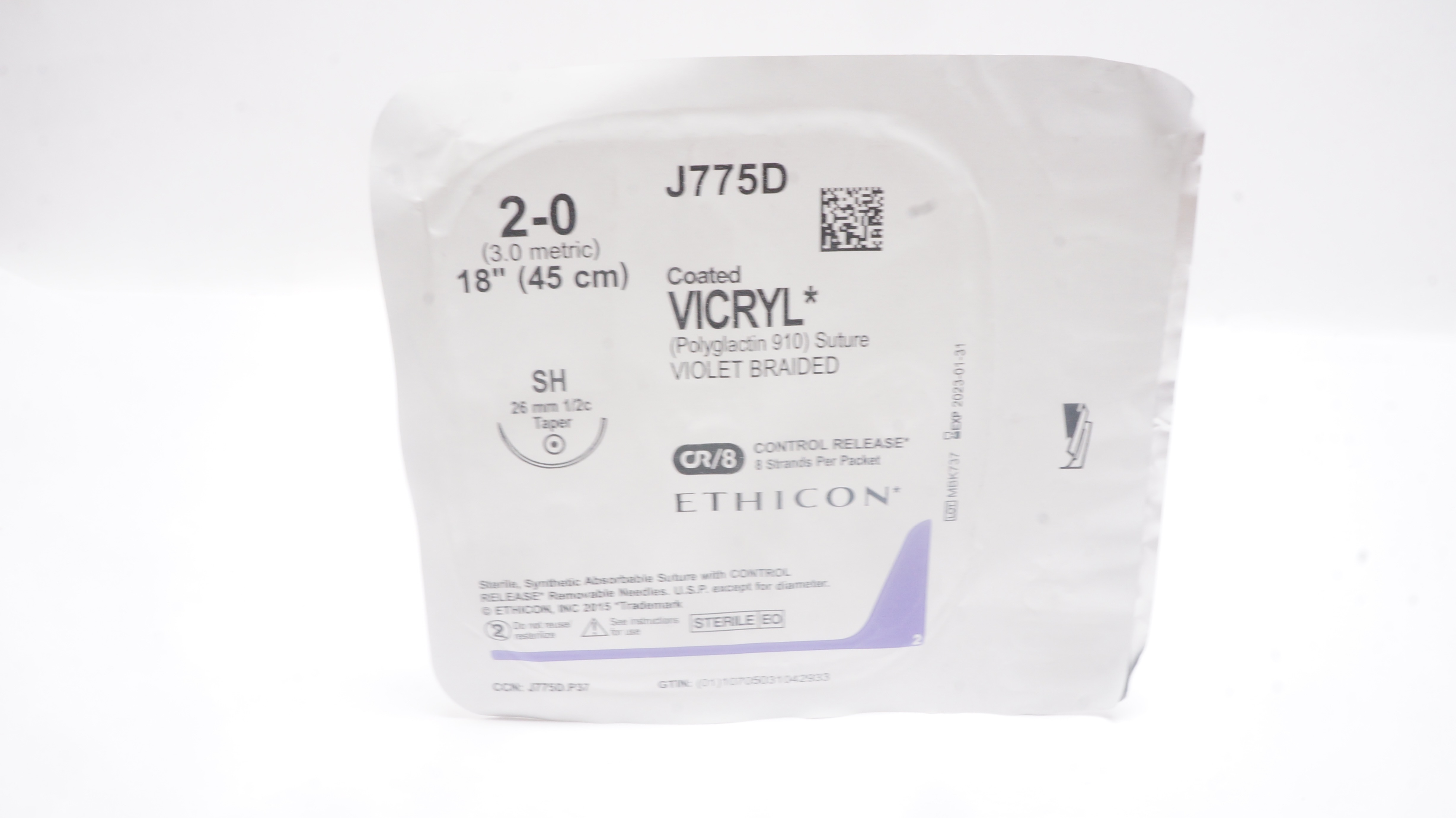 Ethicon J775D 2-0 Coated VICRYL SH 26mm 1/2c Taper 18 inch (x)