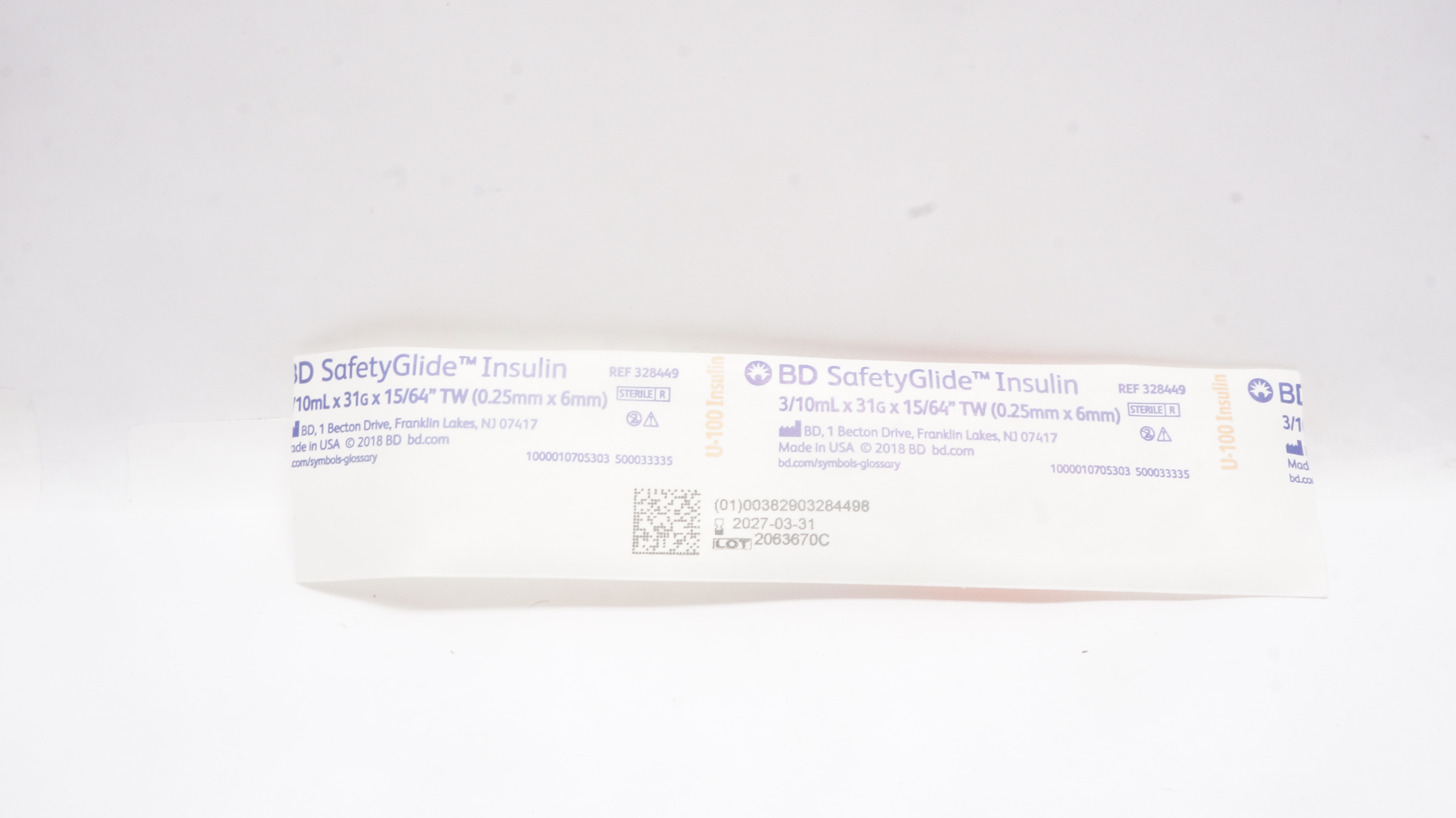 BD 328449 SafetyGlide Insulin Syringe 3/10ml x 31G x 15/64in TW