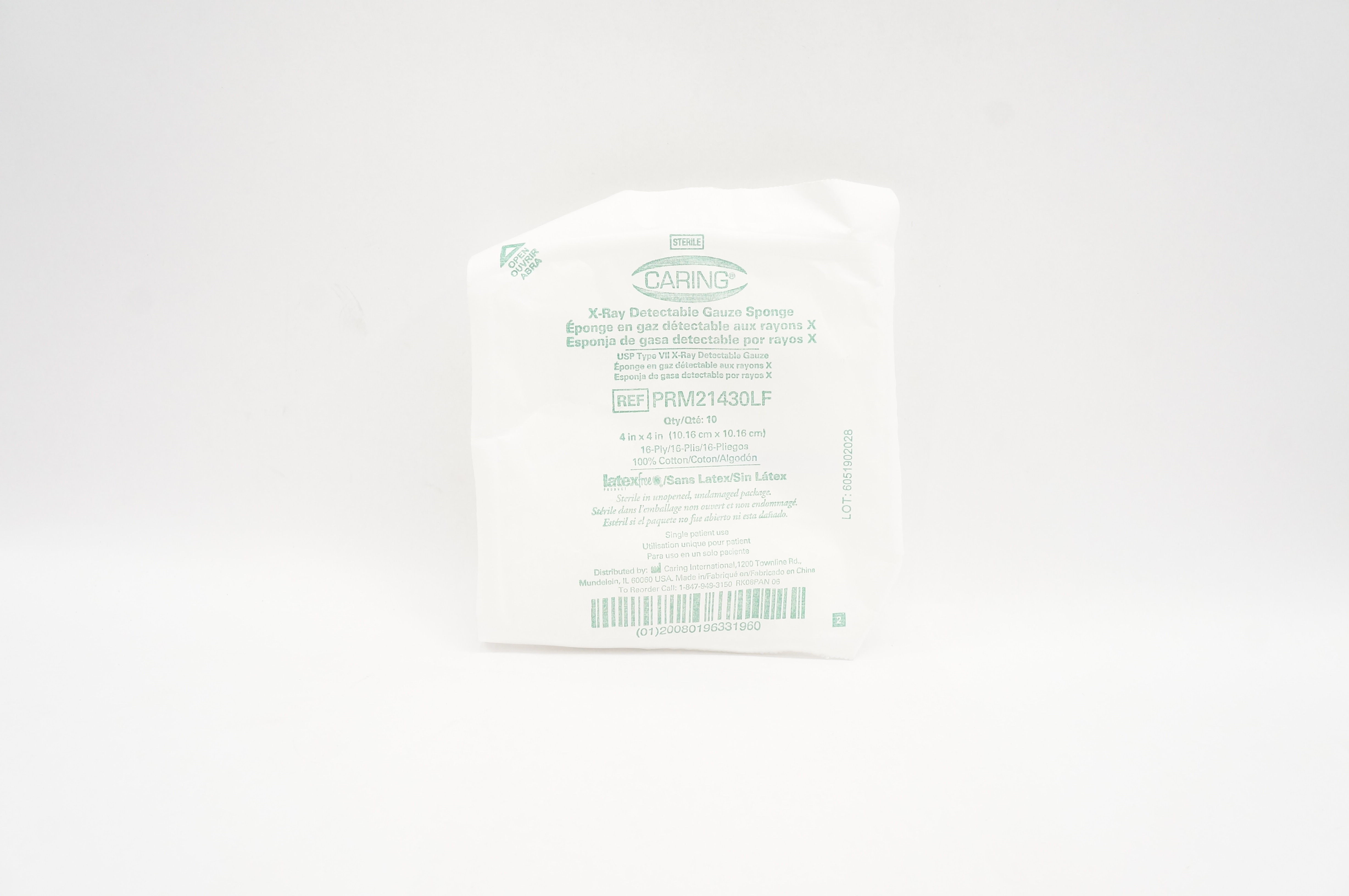Caring PRM21430LF X-Ray Detectable Gauze Sponge 4 x 4 inch 16-Ply - Pack of 10