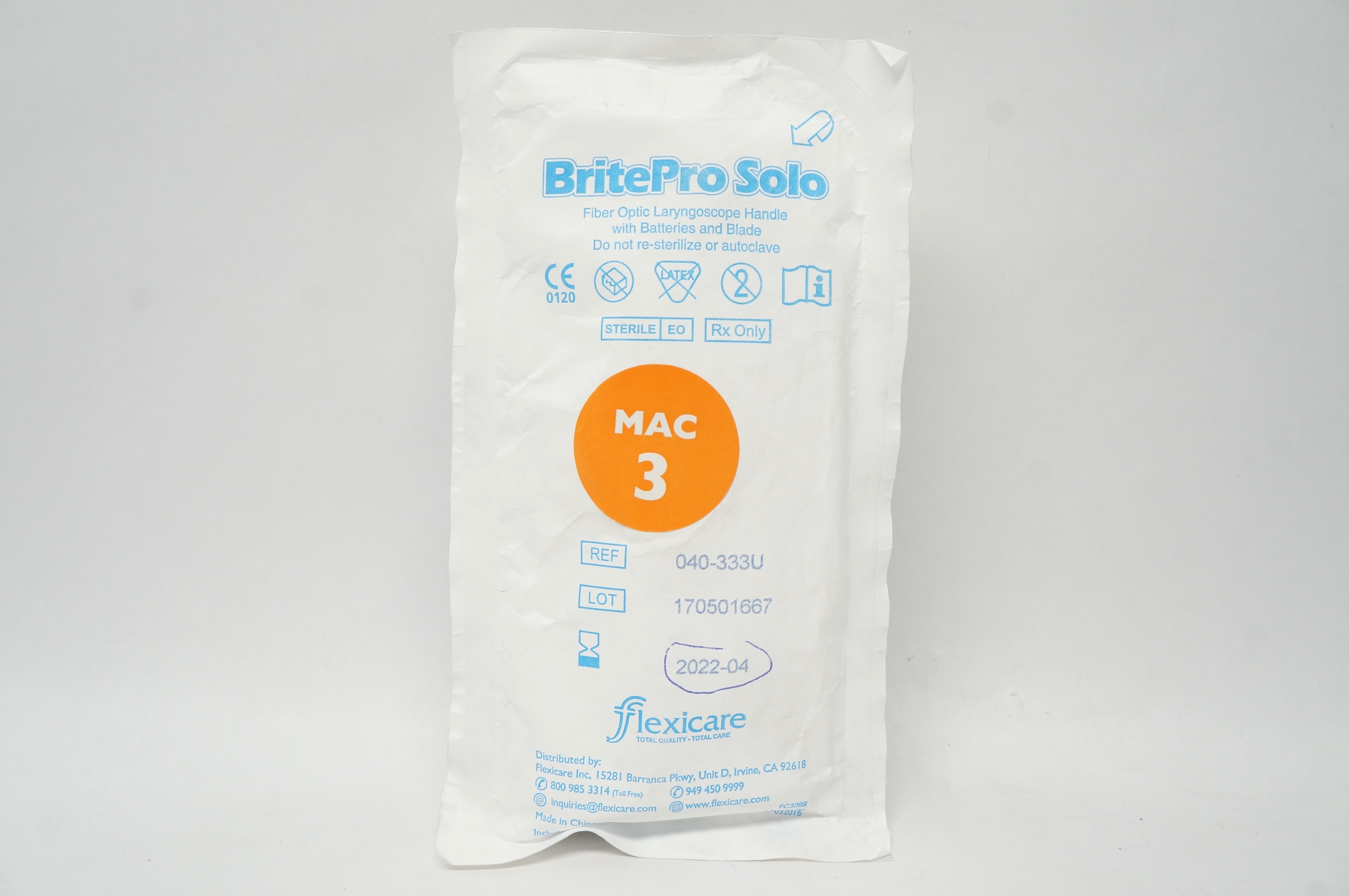 Flexicare 040-333U BritePro Solo Fiber Optic Laryngoscope Handle MAC 3 (x)