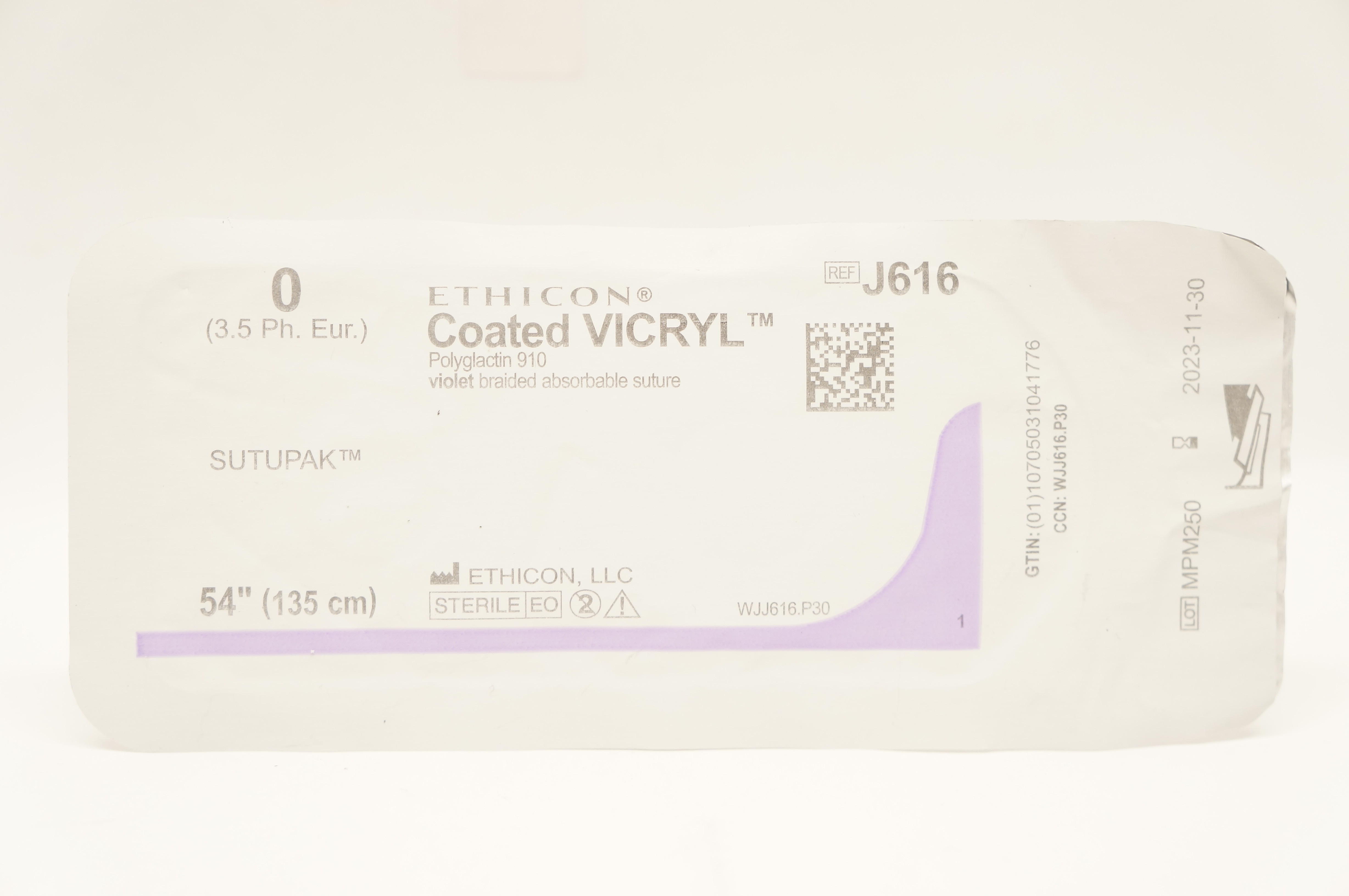 Ethicon J616 Sutupak 0 Coated VICRYL Violet Braided, 54inch