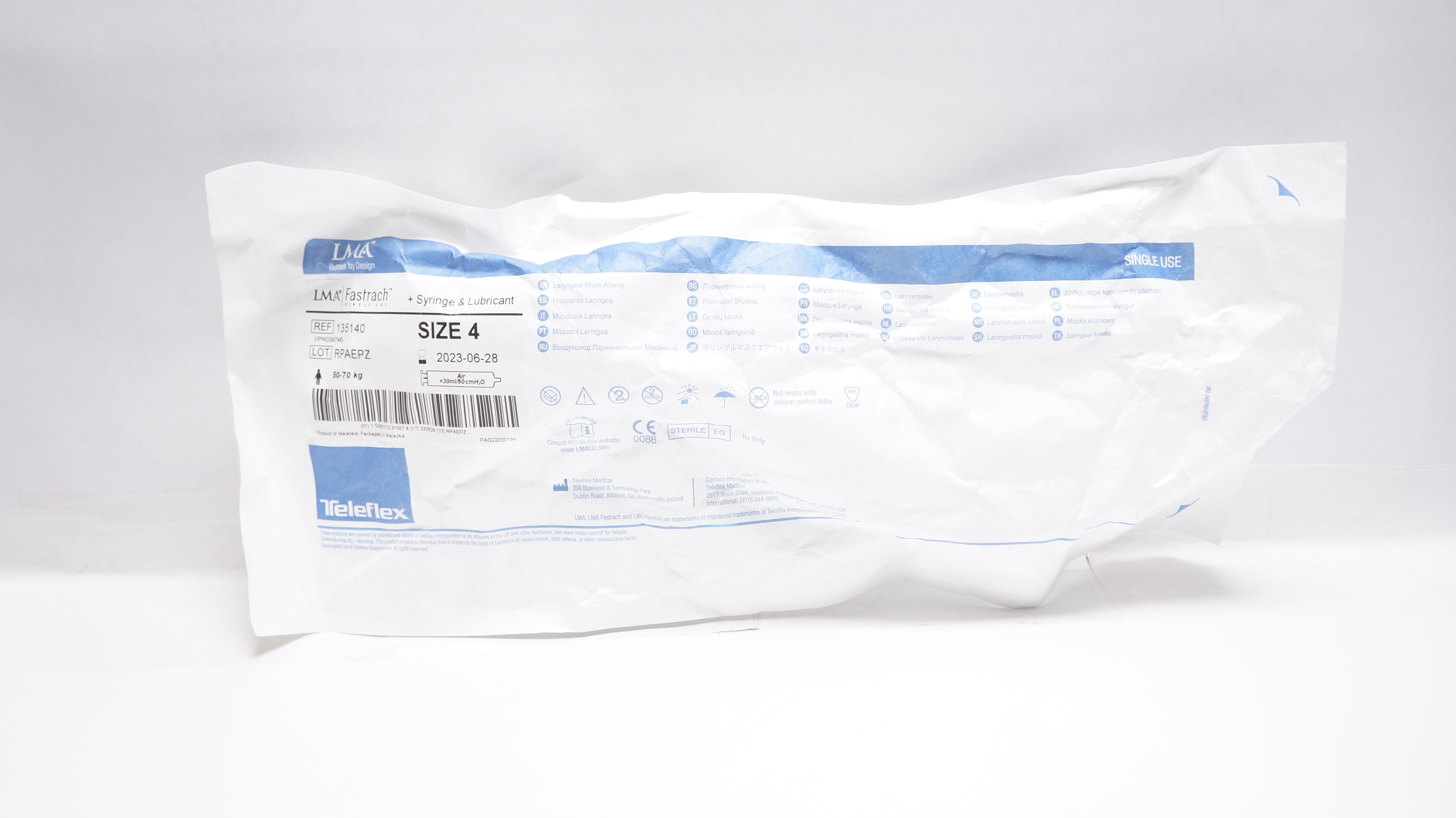 Teleflex 135140 LMA Fastrach Laryngeal Mask Airway Syringe & Lubricant Size 4(x)