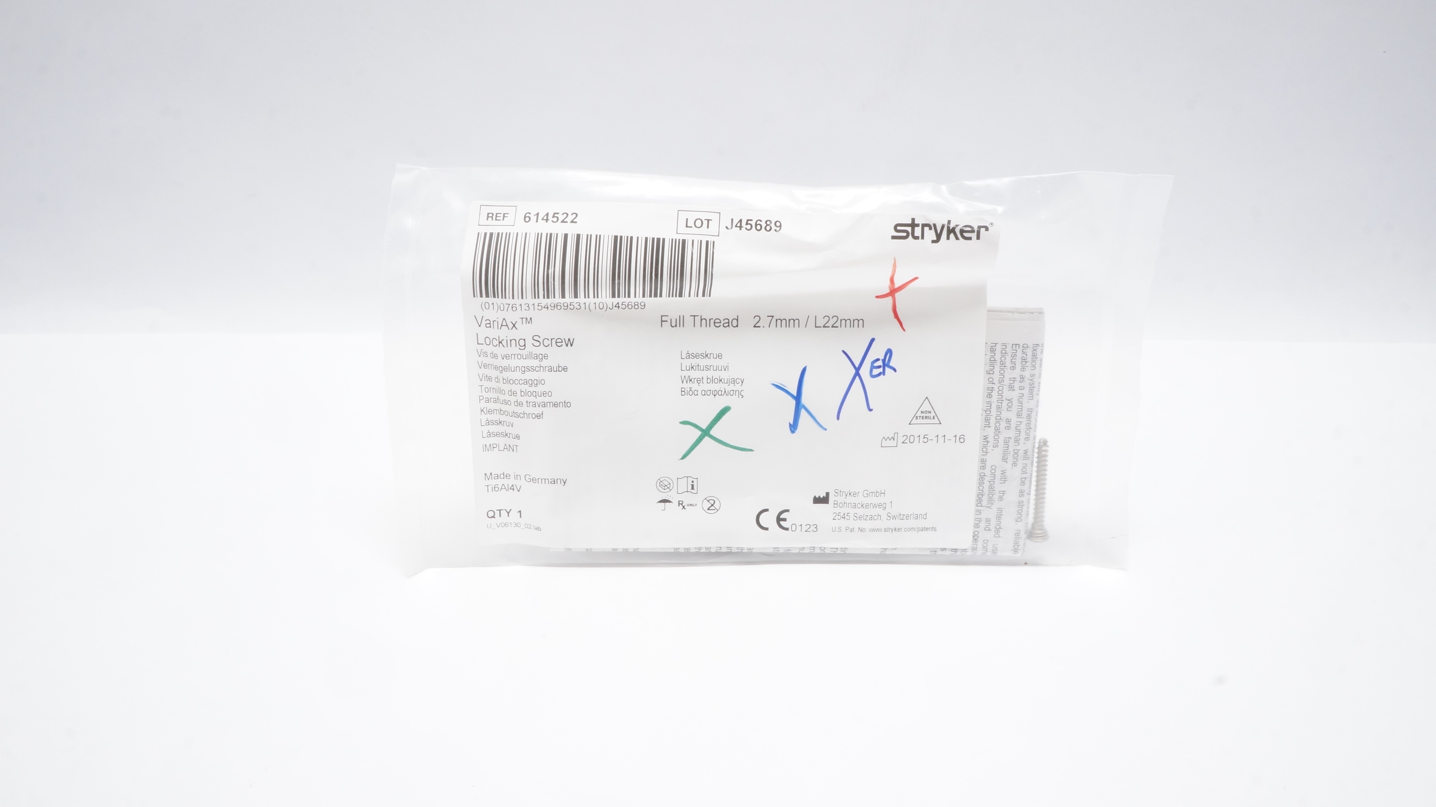 Stryker 614522 VariAx Locking Screw Full Thread 2.7mm/ L22mm