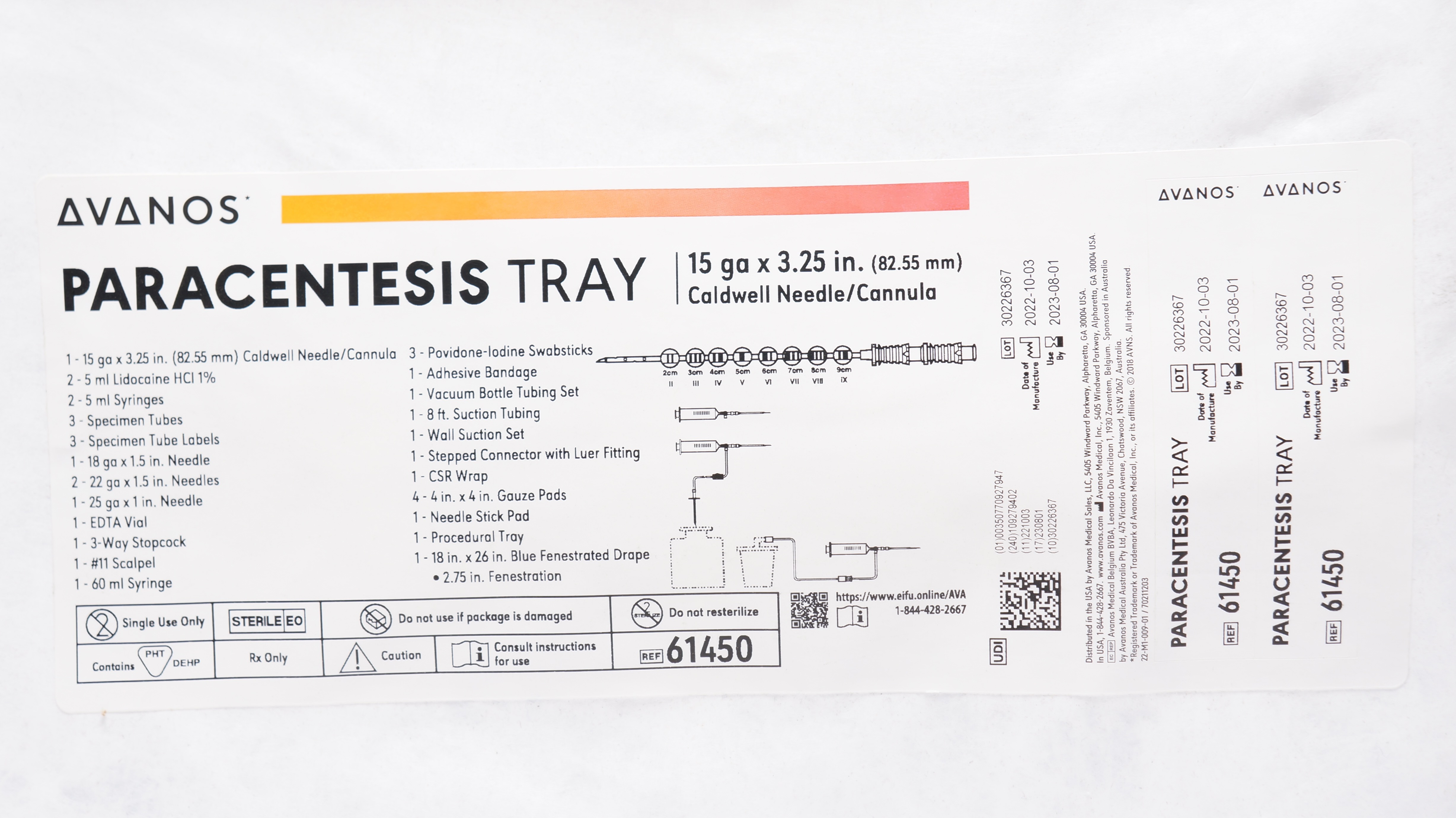 Avanos 61450 Paracentesis Tray Caldwell Ndle/Cannula 15ga x 3.25inch (x)