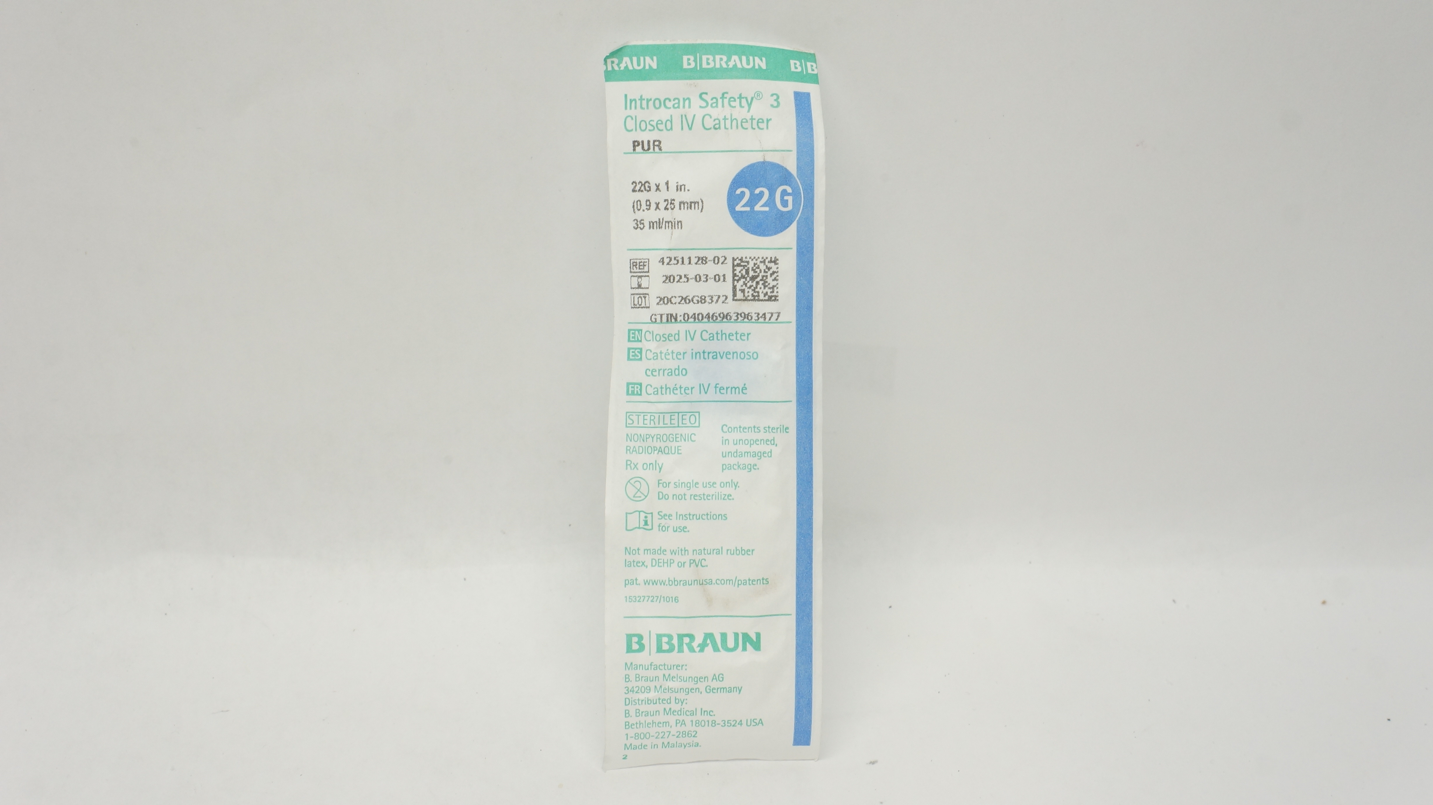 B.Braun 4251128-02 Introcan Safety 3 Closed IV Cath. 22G x 1inch x 35ml/min