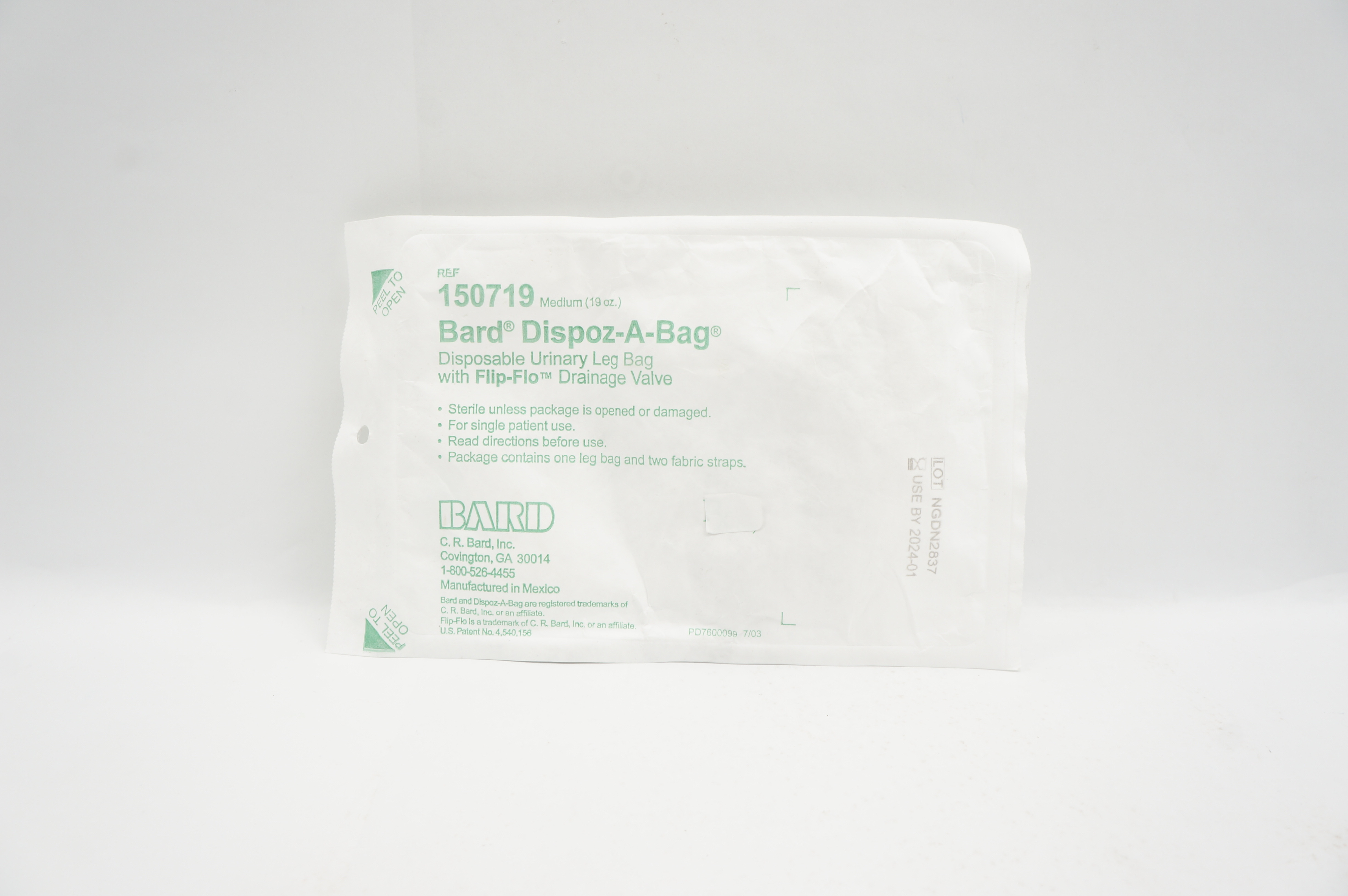 Bard 150719 Dispoz-A-Bag Disposable Urinary Leg Bag Medium 19oz.