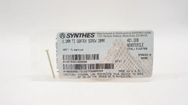 Synthes 401.028 2.0mm Titanium Cortex Screw 28mm