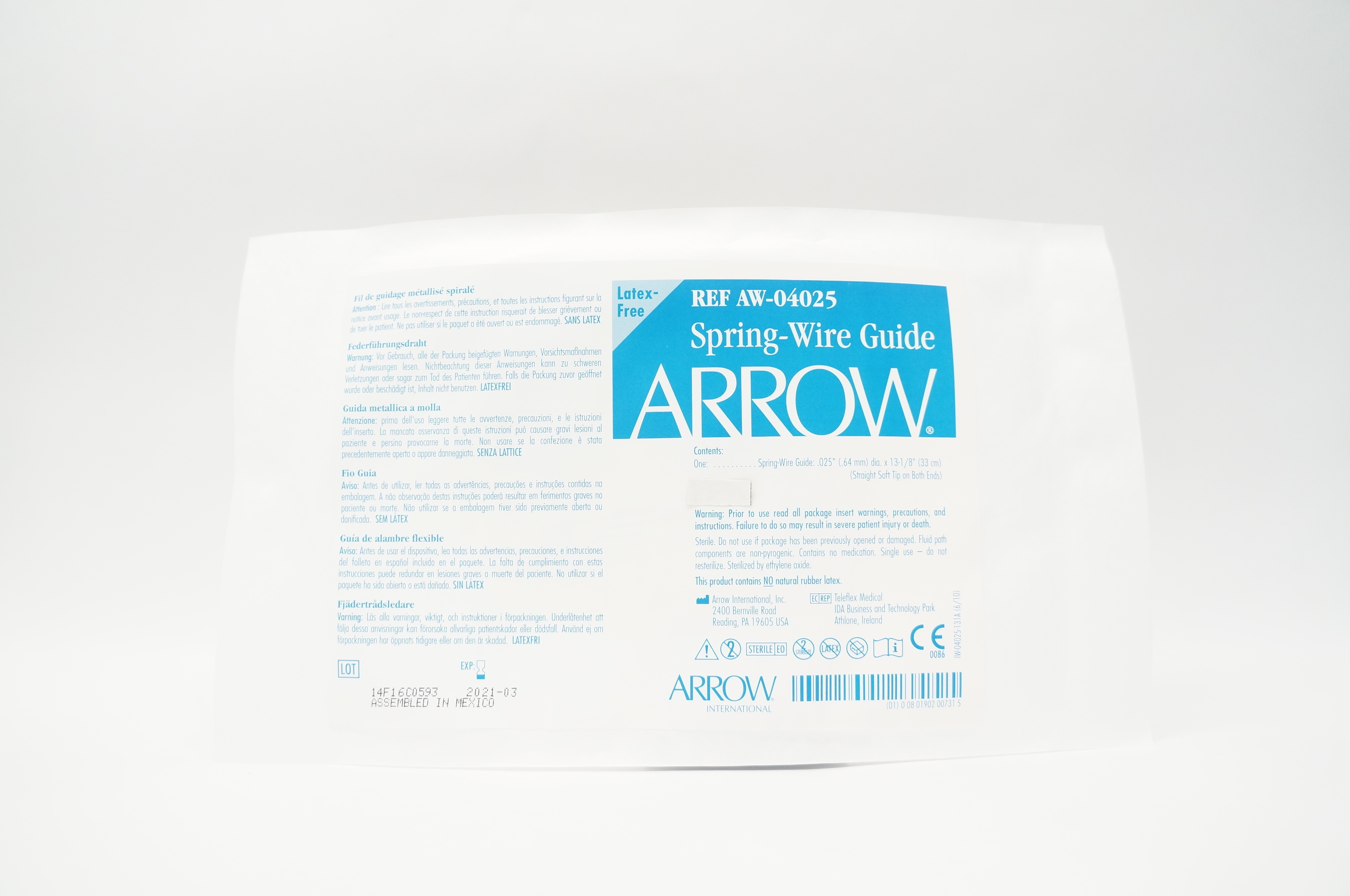 Arrow AW-04025 Spring-Wire Guide Straight Soft Tip, .025inch x 13-1/8inch (x)