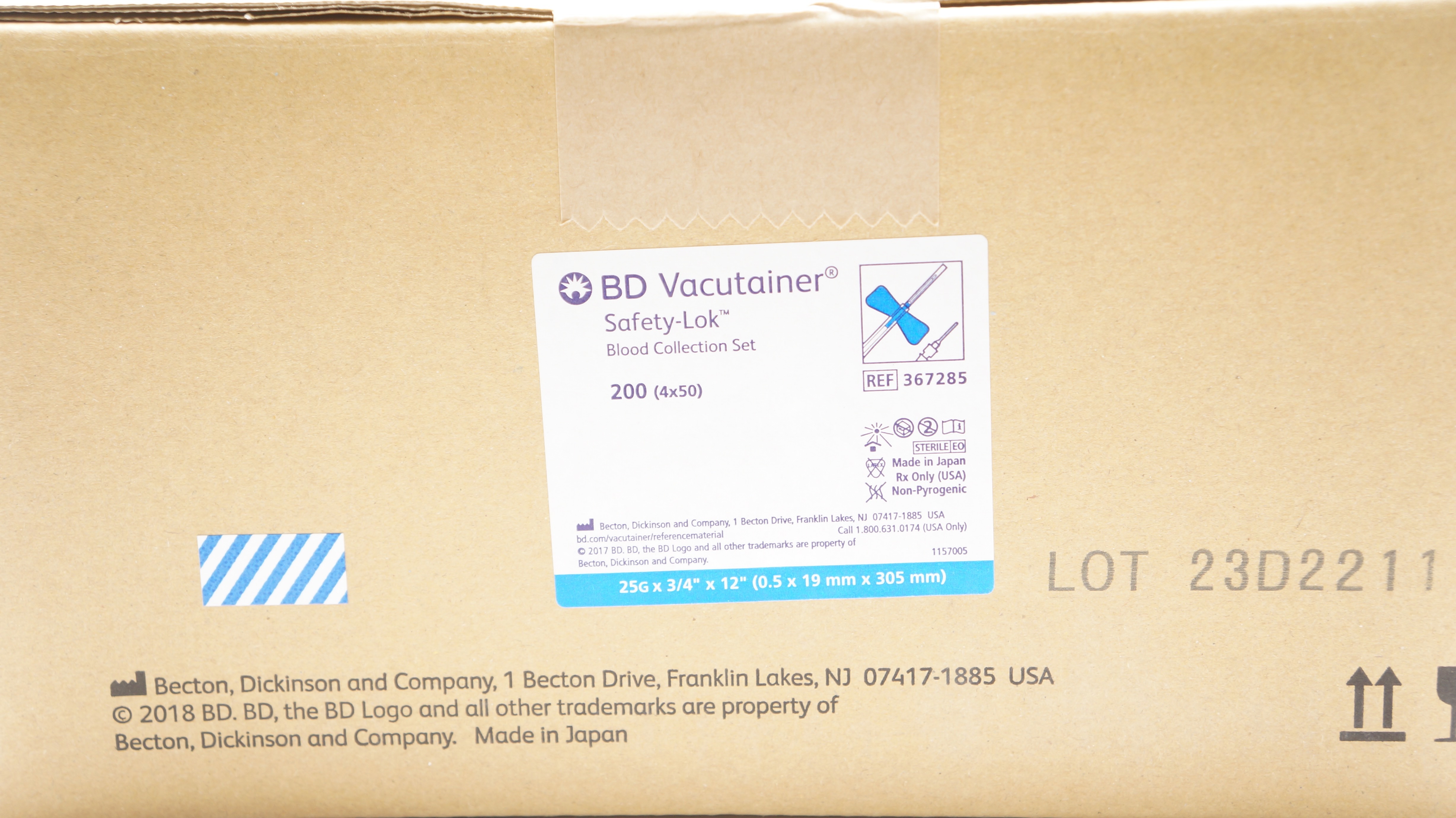 BD 367285 Vacutainer Blood Collection Set 25G x 3/4 x 12inch Box of 200