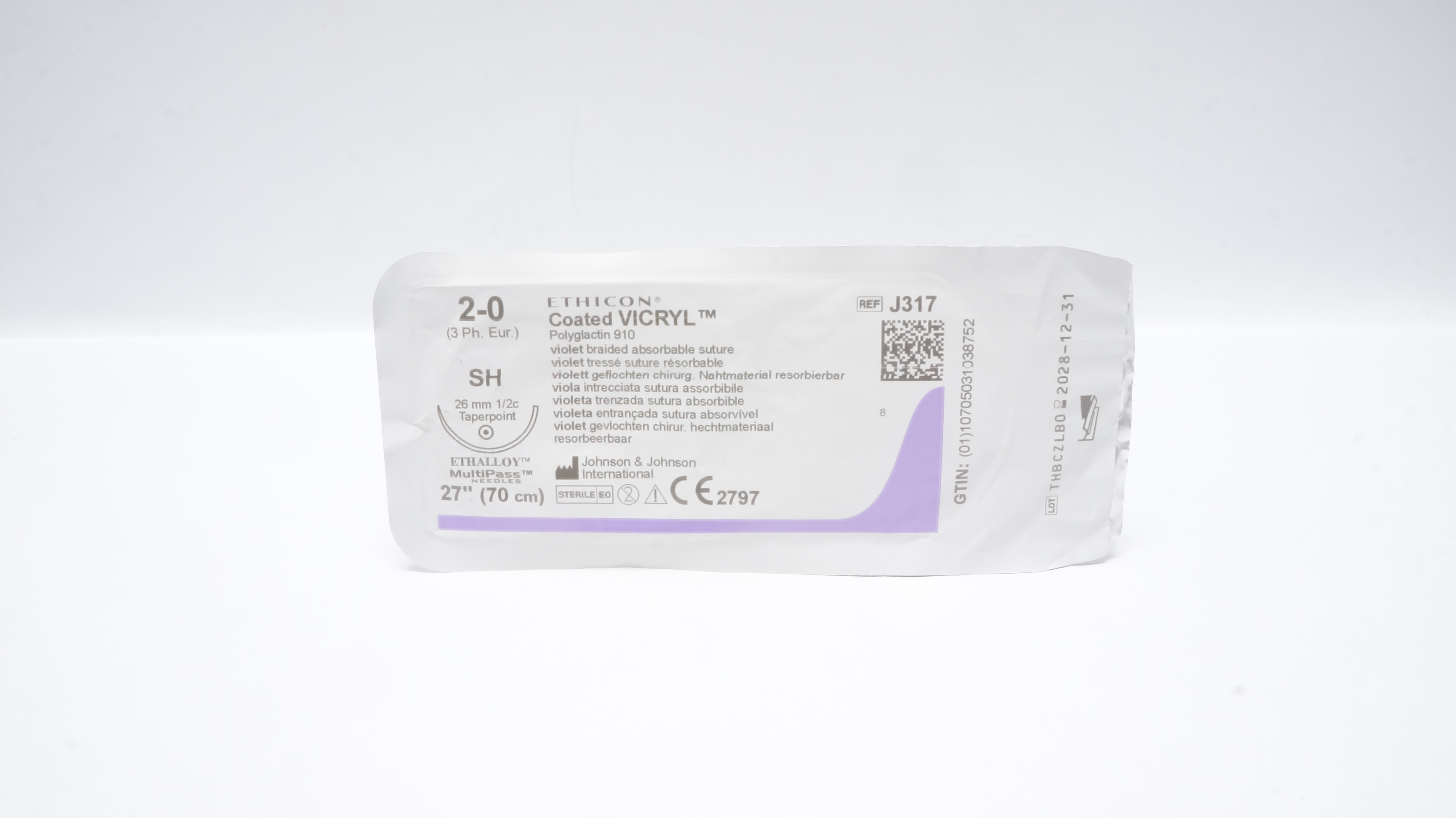 Ethicon J317 2-0 Coated VICRYL Stre SH 26mm 1/2c Taperpoint 27inch